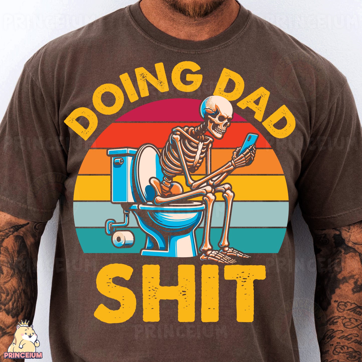 a man wearing a brown shirt with a skeleton sitting on a toilet