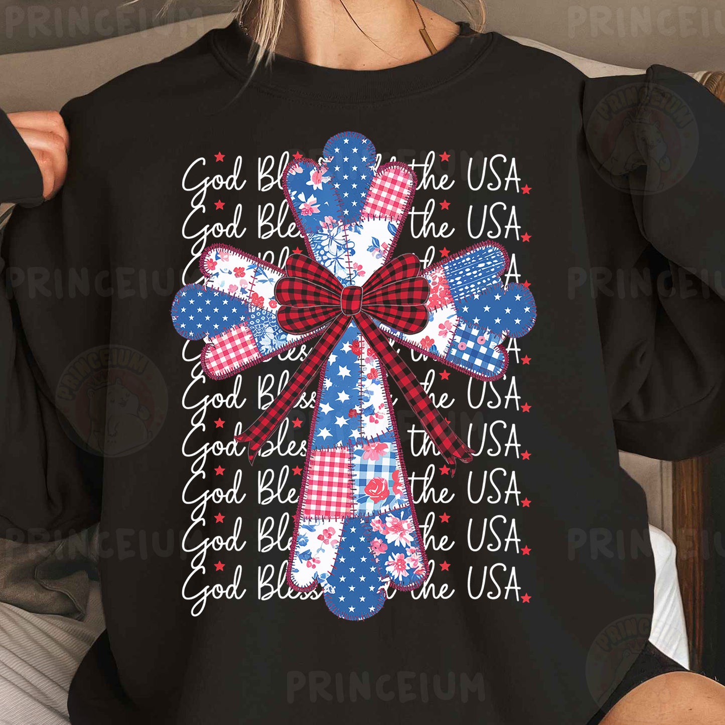 a woman wearing a black shirt with red, white and blue bows