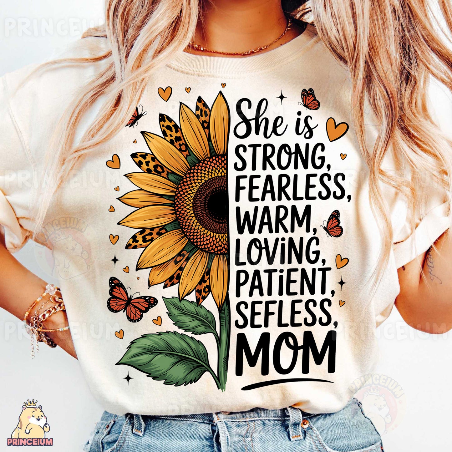 a woman wearing a t - shirt that says she is strong, fearless, warm