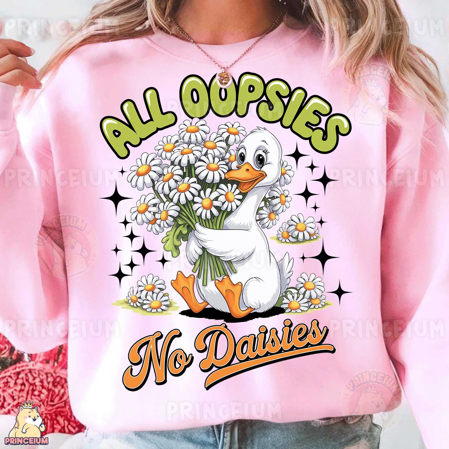 a woman wearing a pink sweatshirt with a duck and daisies on it