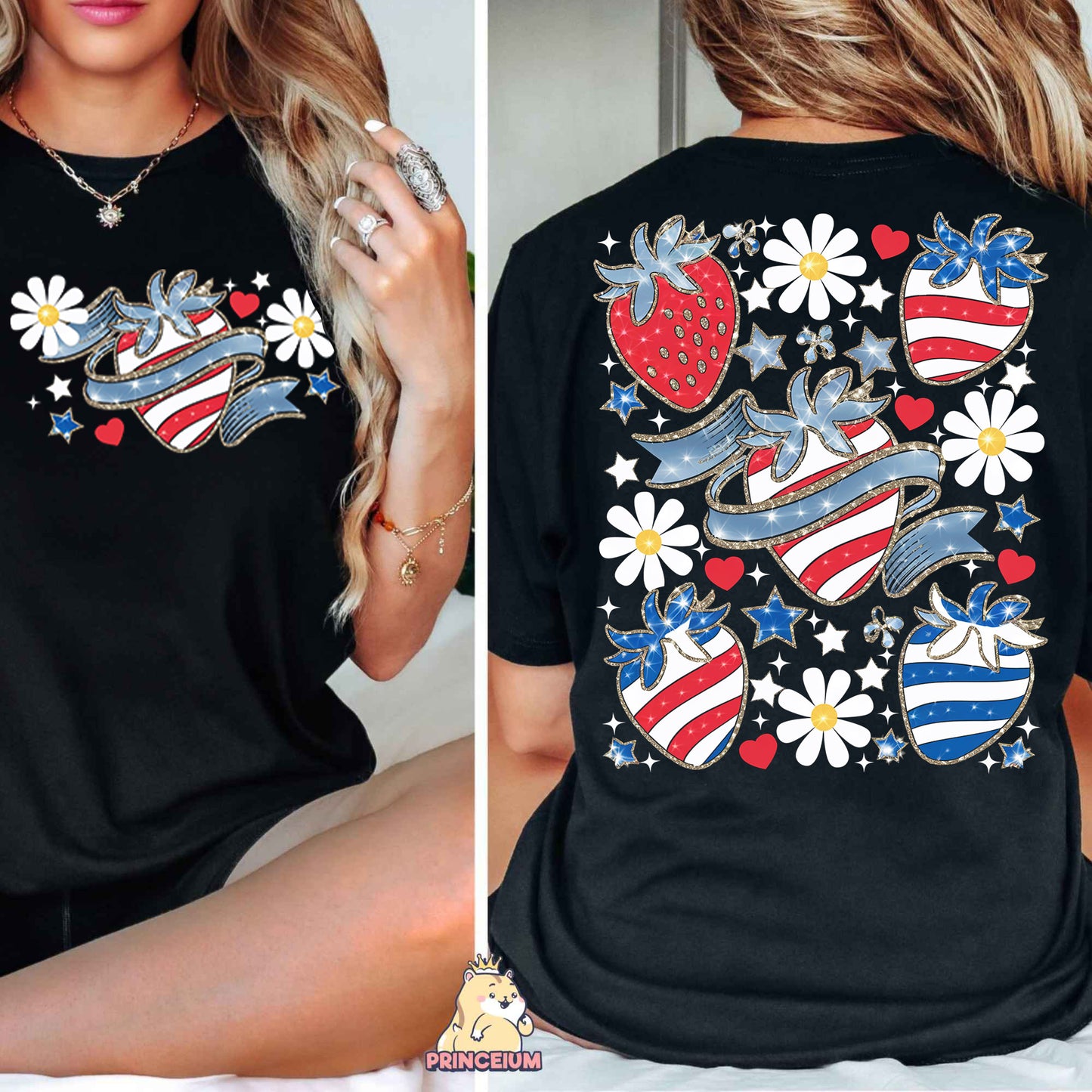 a woman wearing a patriotic heart t - shirt