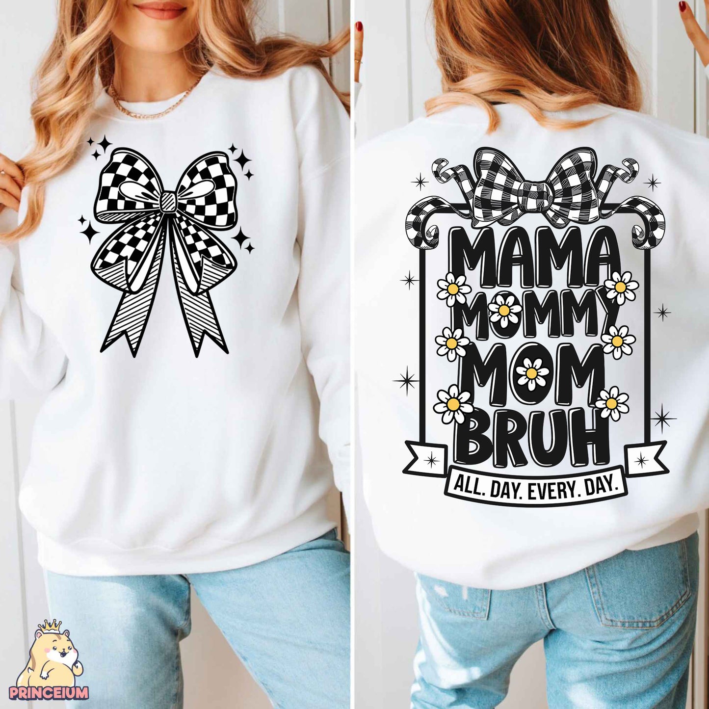a woman wearing a sweatshirt with a bow on it