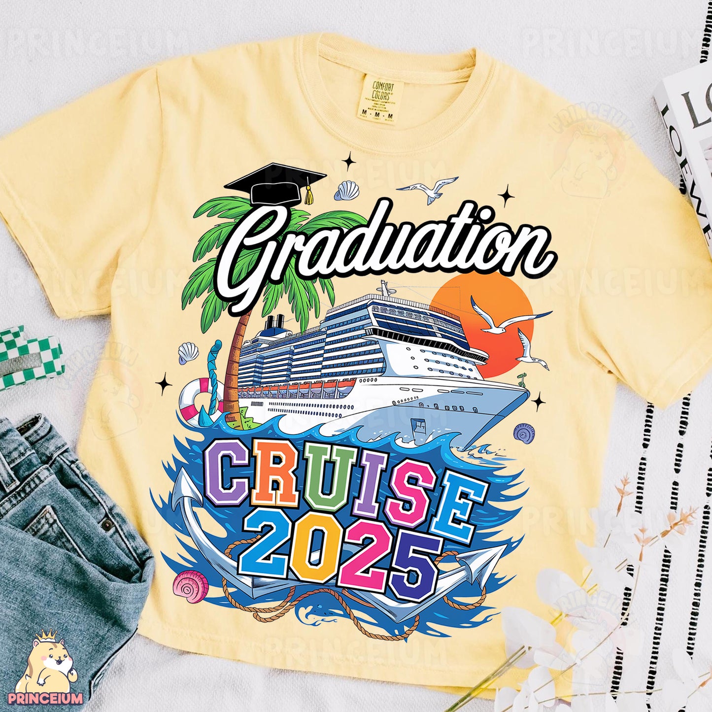 a yellow shirt with a cruise ship on it