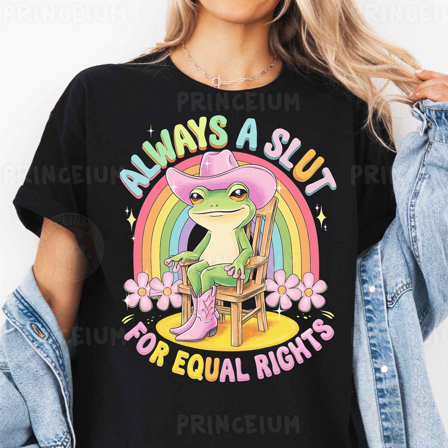 a woman wearing a t - shirt that says always a slut for equal rights
