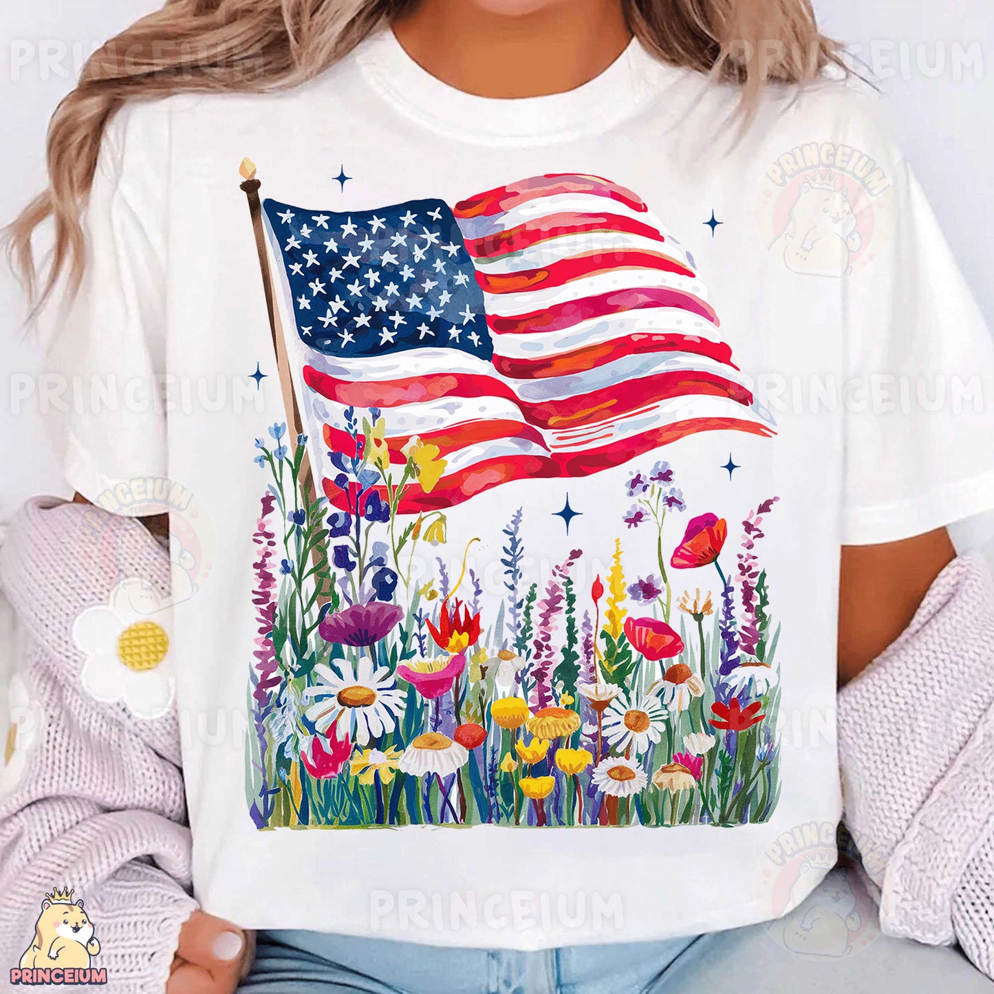 a woman wearing a t - shirt with an american flag on it