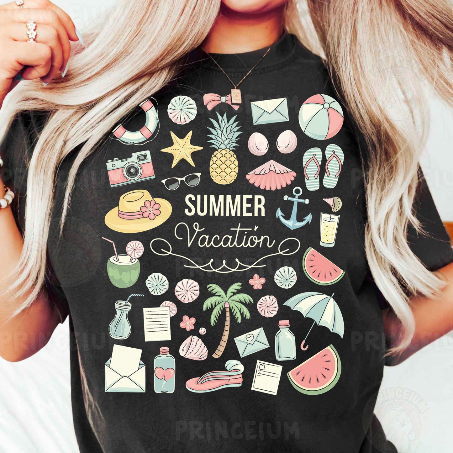 a woman wearing a black summer vacation t - shirt