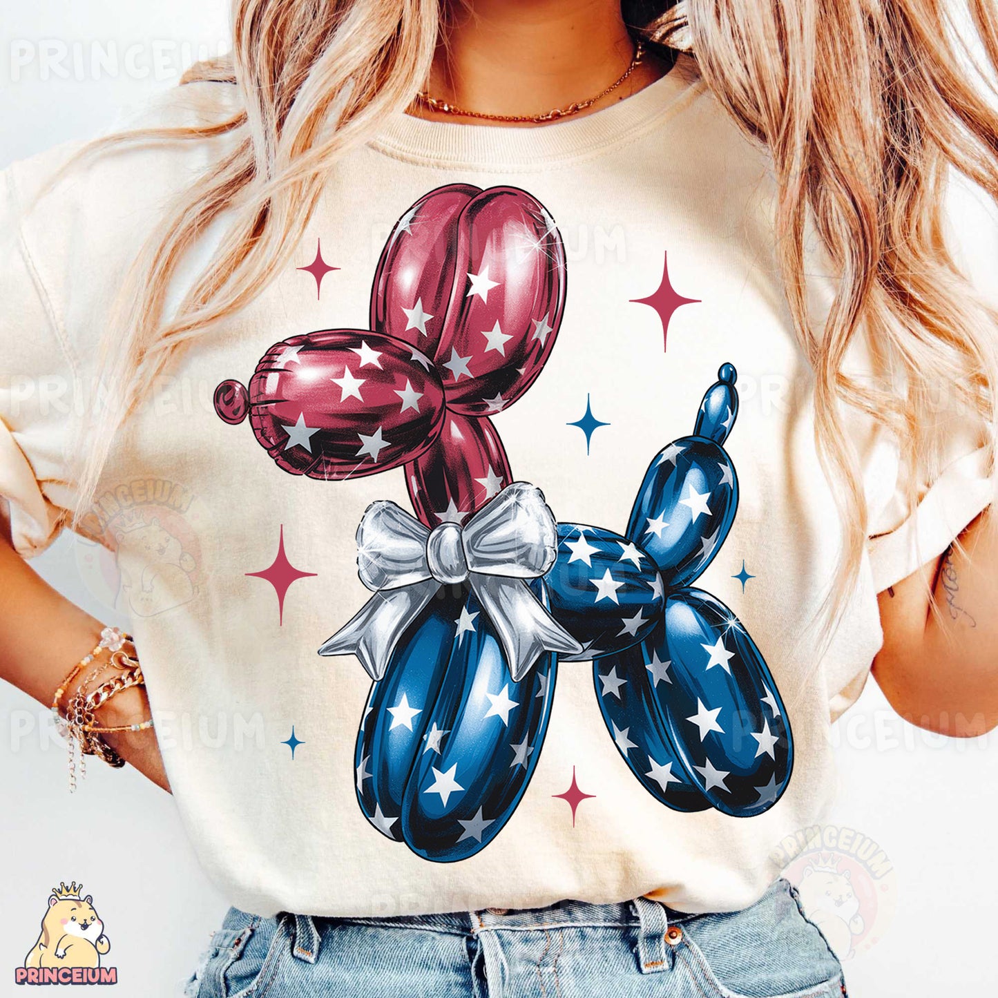 a woman wearing a white shirt with red, white and blue balloons on it