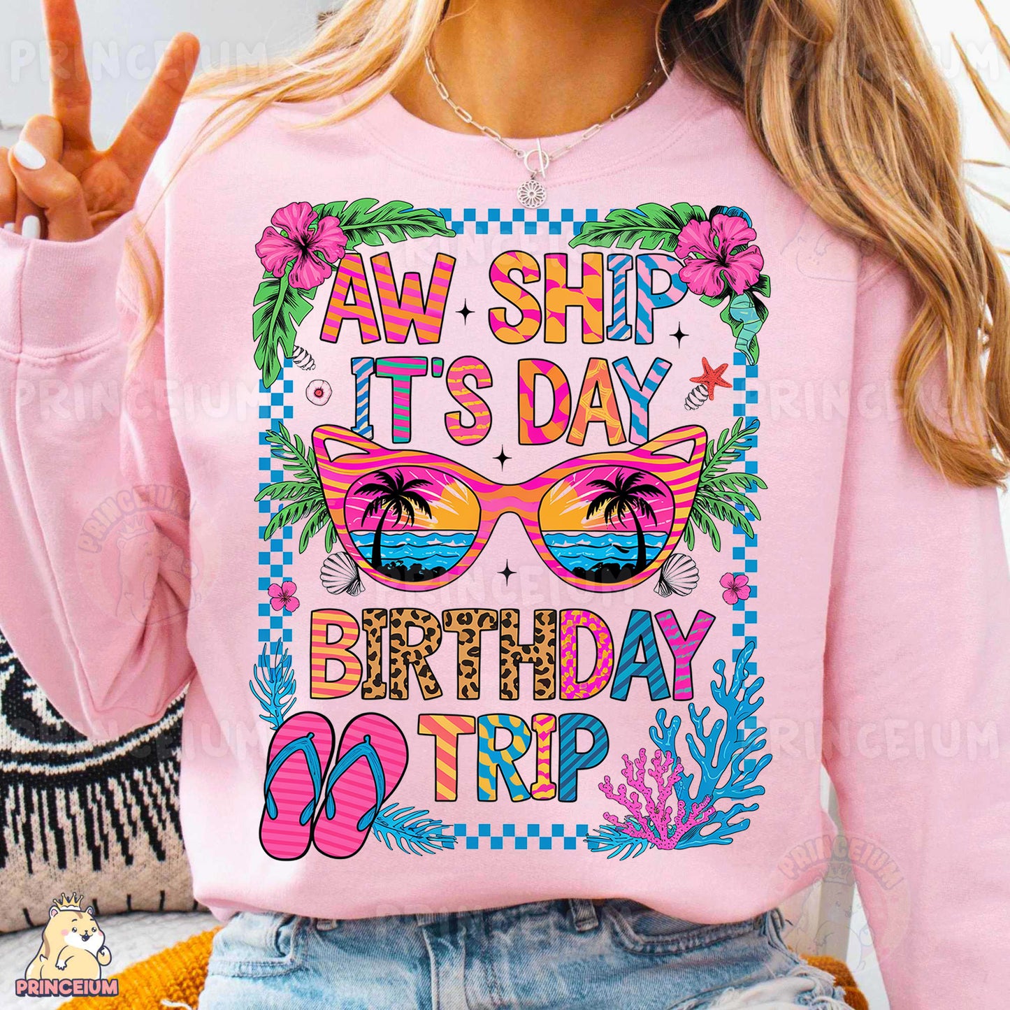 a woman wearing a pink shirt that says aw ship it's day birthday trip