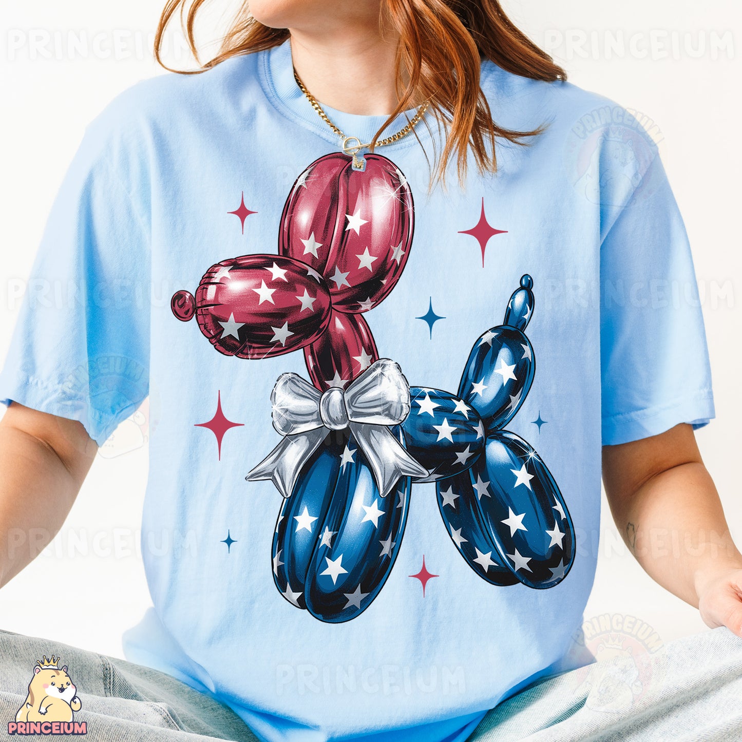 a woman wearing a blue shirt with red, white and blue balloons on it