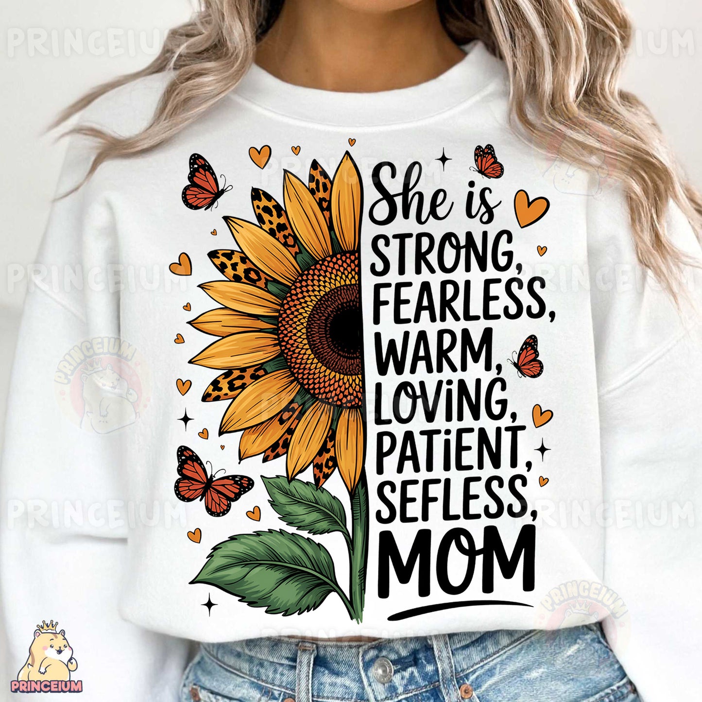a woman wearing a sweatshirt with a sunflower and butterflies on it
