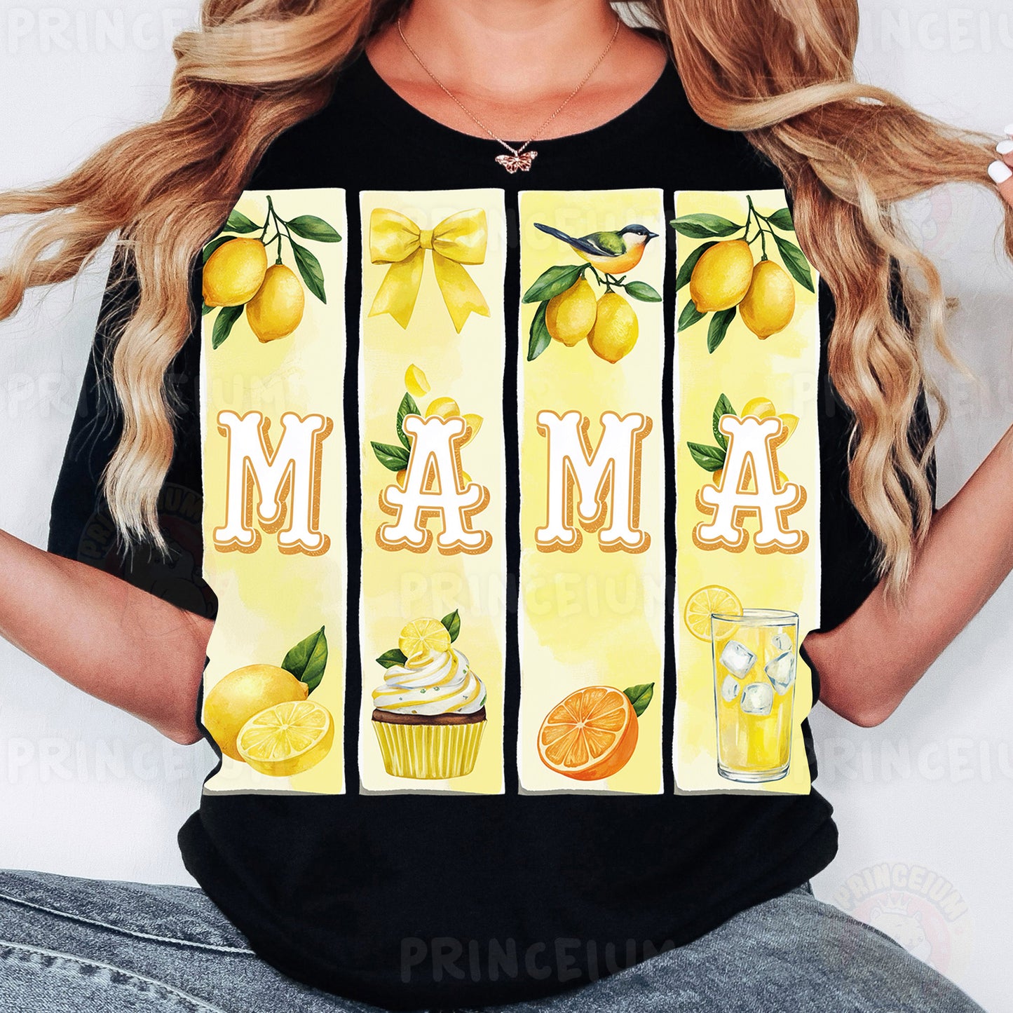 a woman wearing a t - shirt with a picture of lemons and cupcake