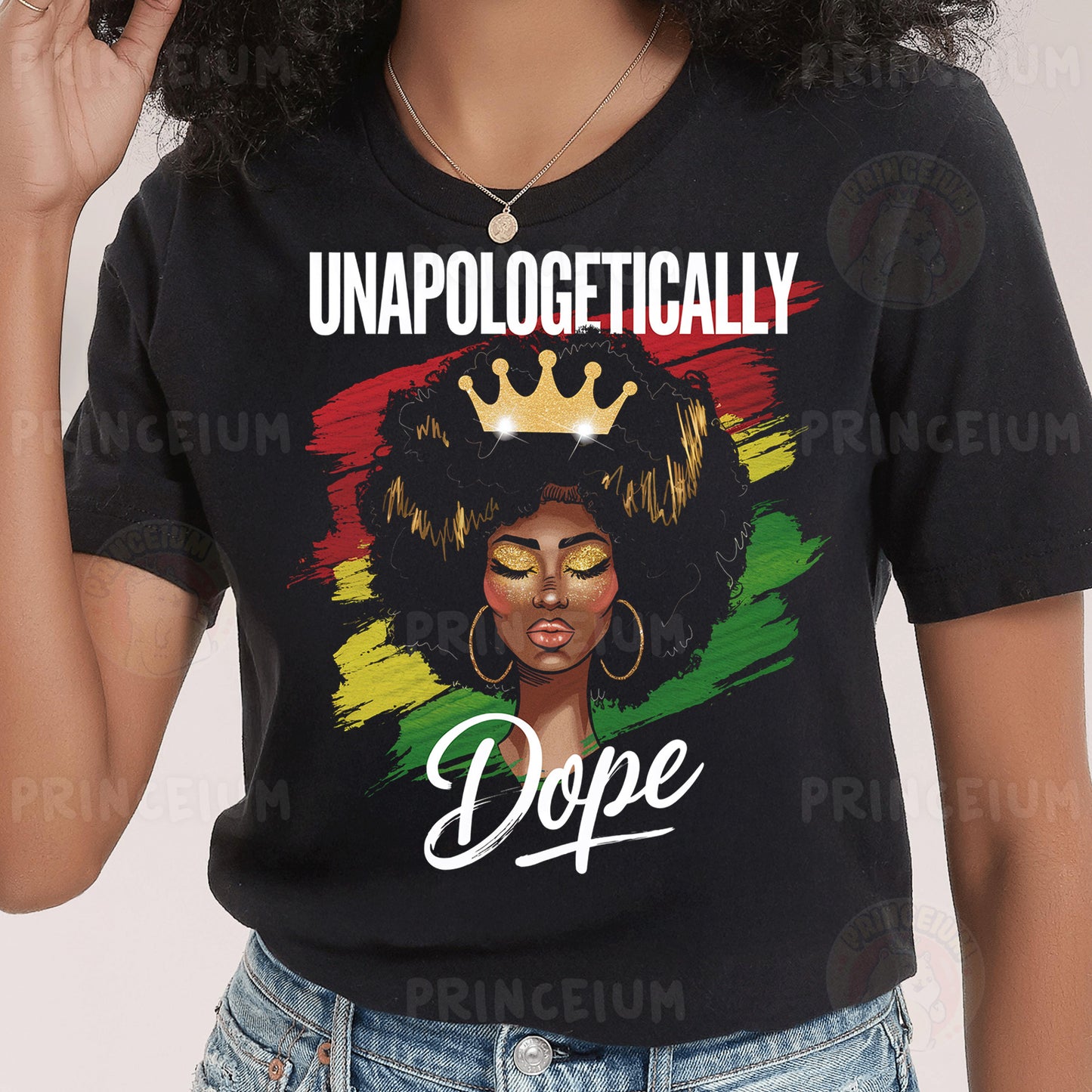 a woman wearing a black t - shirt with a picture of a woman wearing a