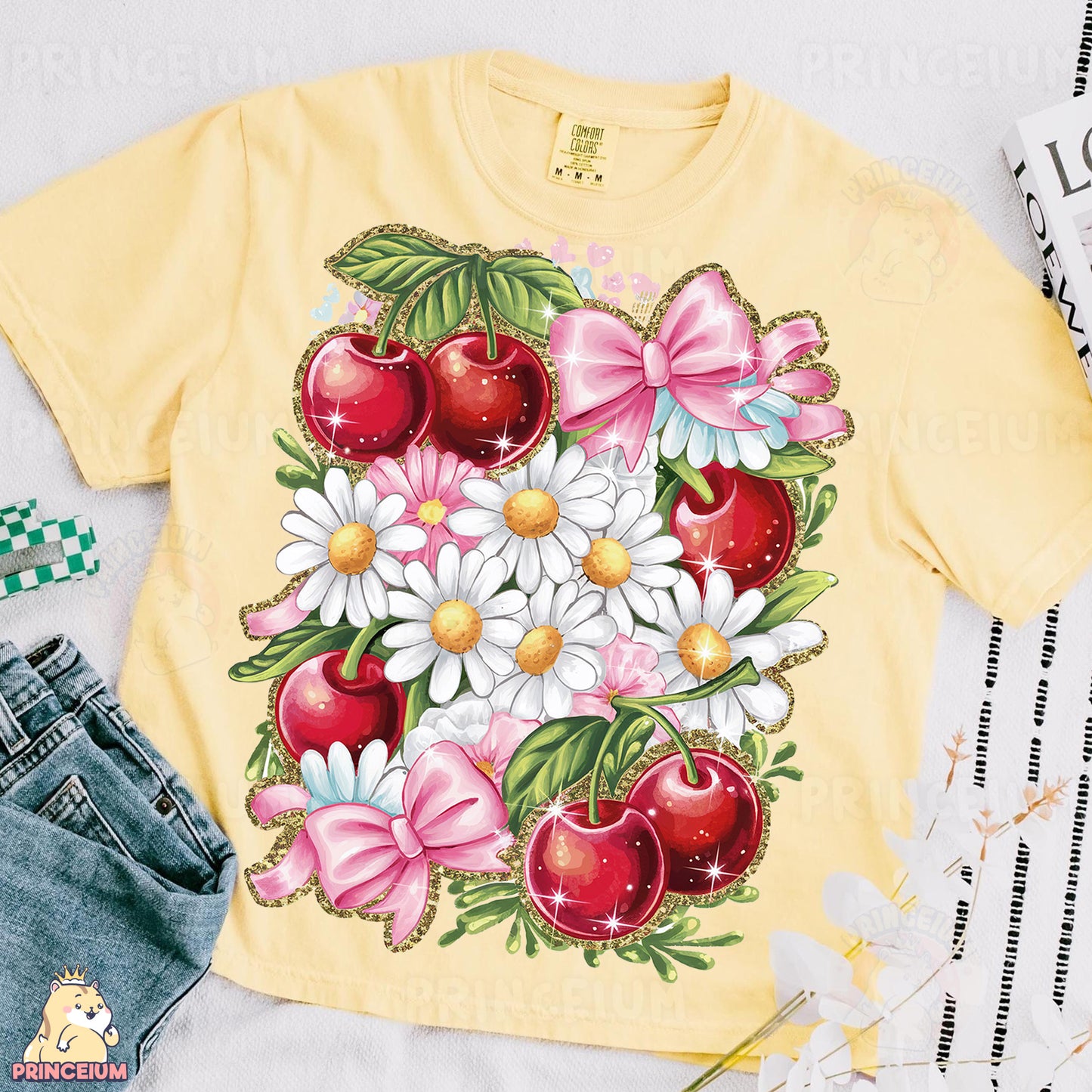 a yellow shirt with flowers and cherries on it