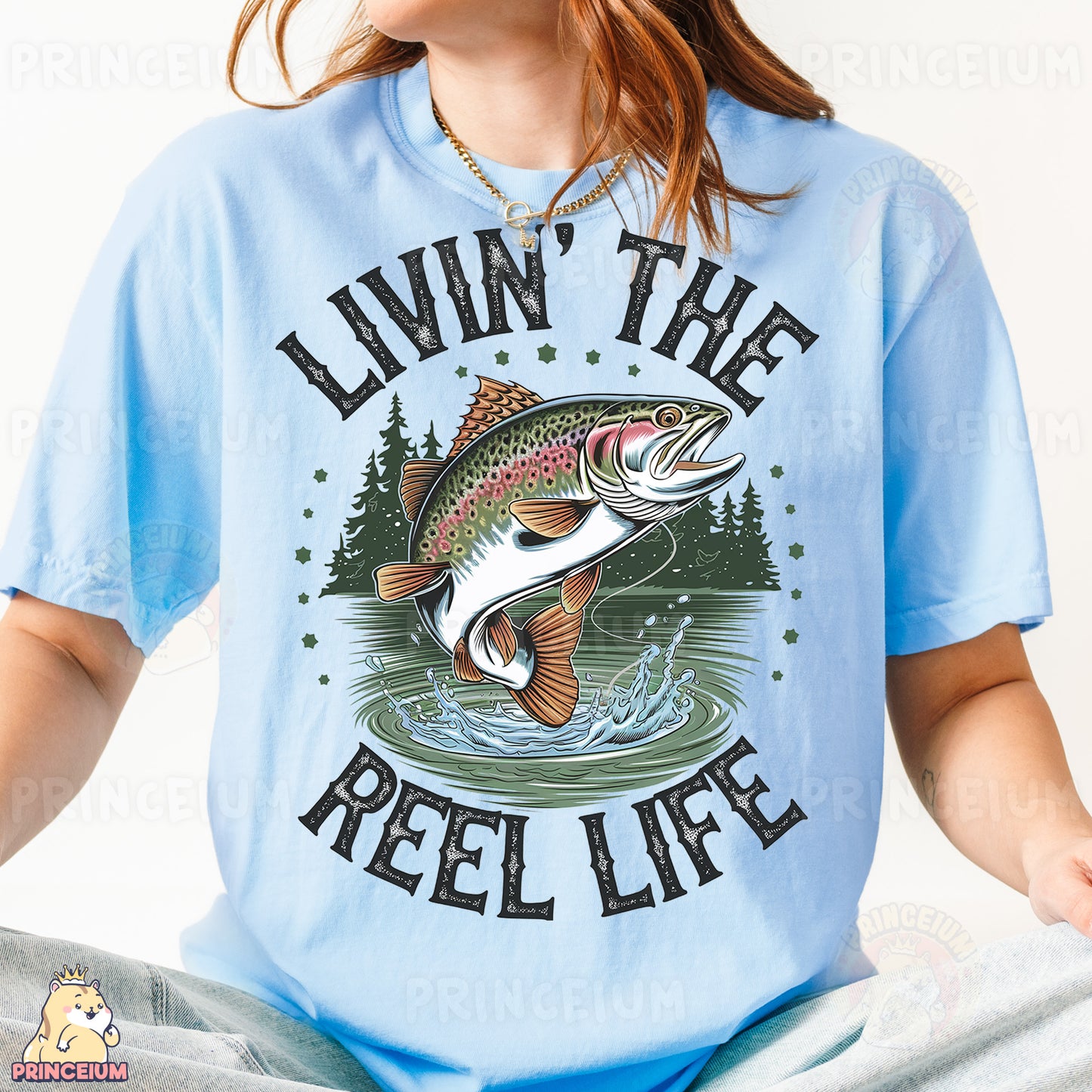 a woman wearing a blue shirt with a fish on it