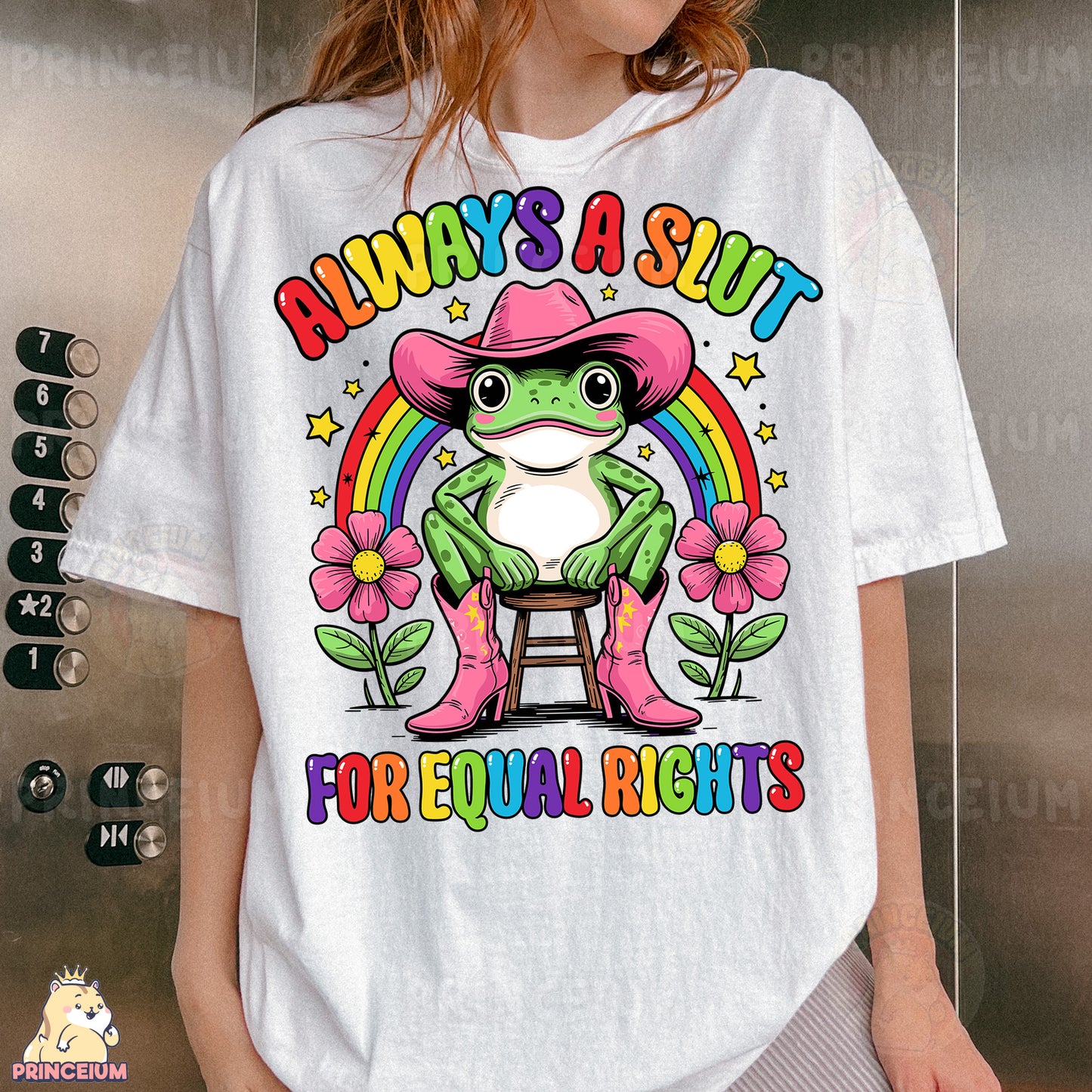 a woman wearing a white shirt with a frog wearing a cowboy hat
