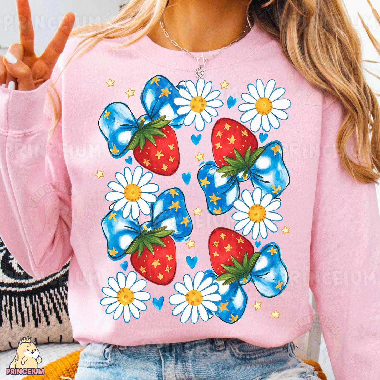 a woman wearing a pink shirt with flowers on it
