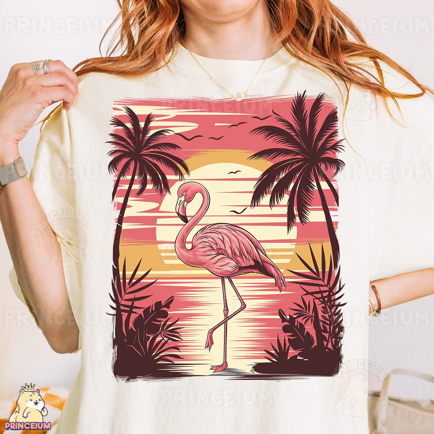 a woman wearing a t - shirt with a flamingo on it