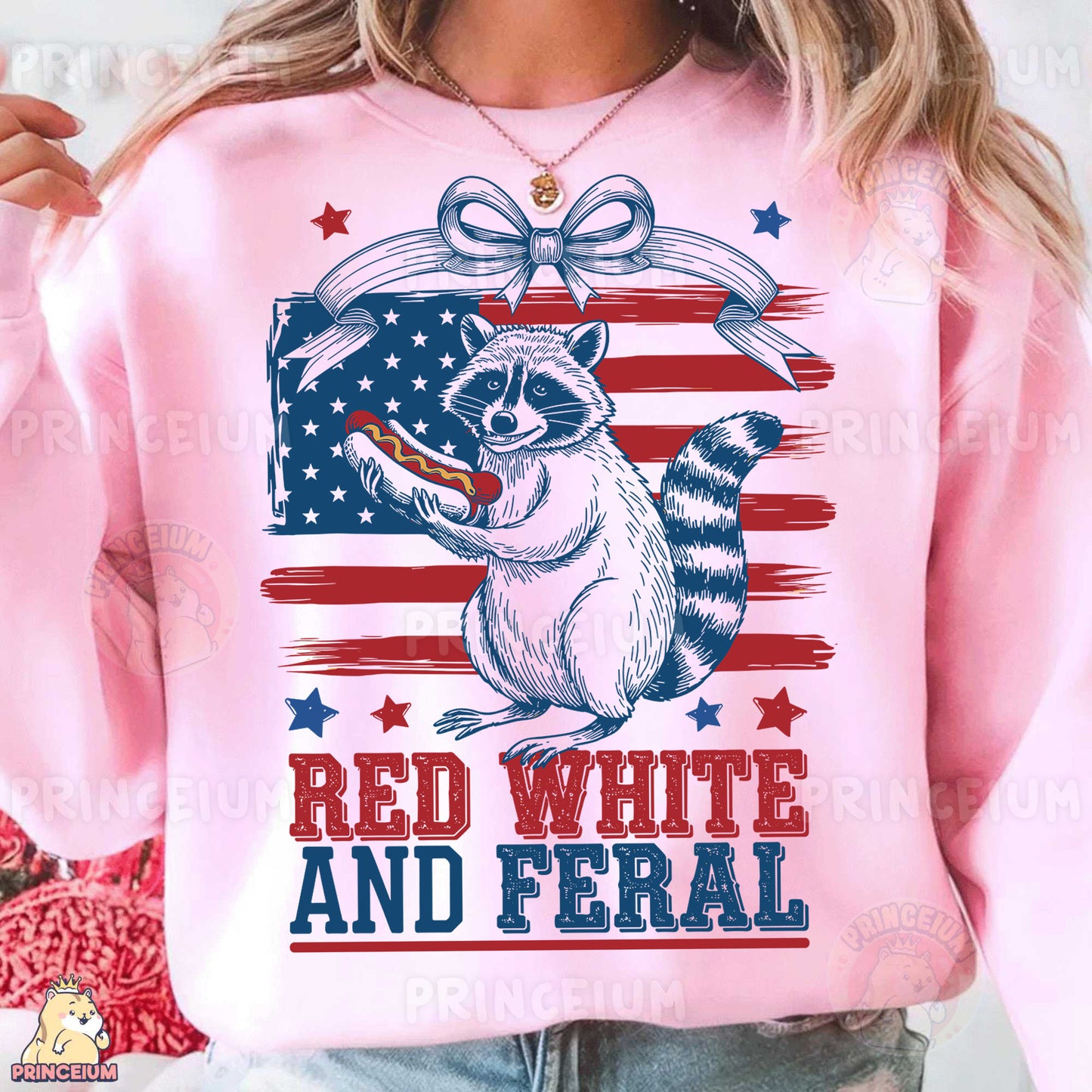 a woman wearing a pink shirt with a raccoon on it