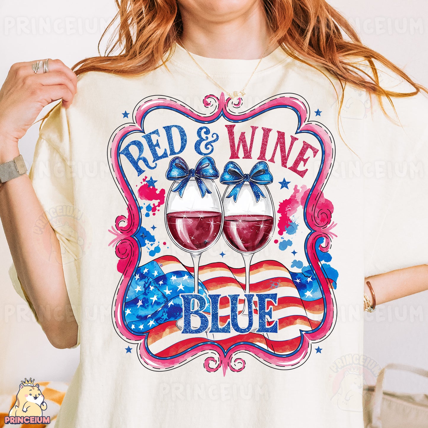 a woman wearing a red and wine t - shirt