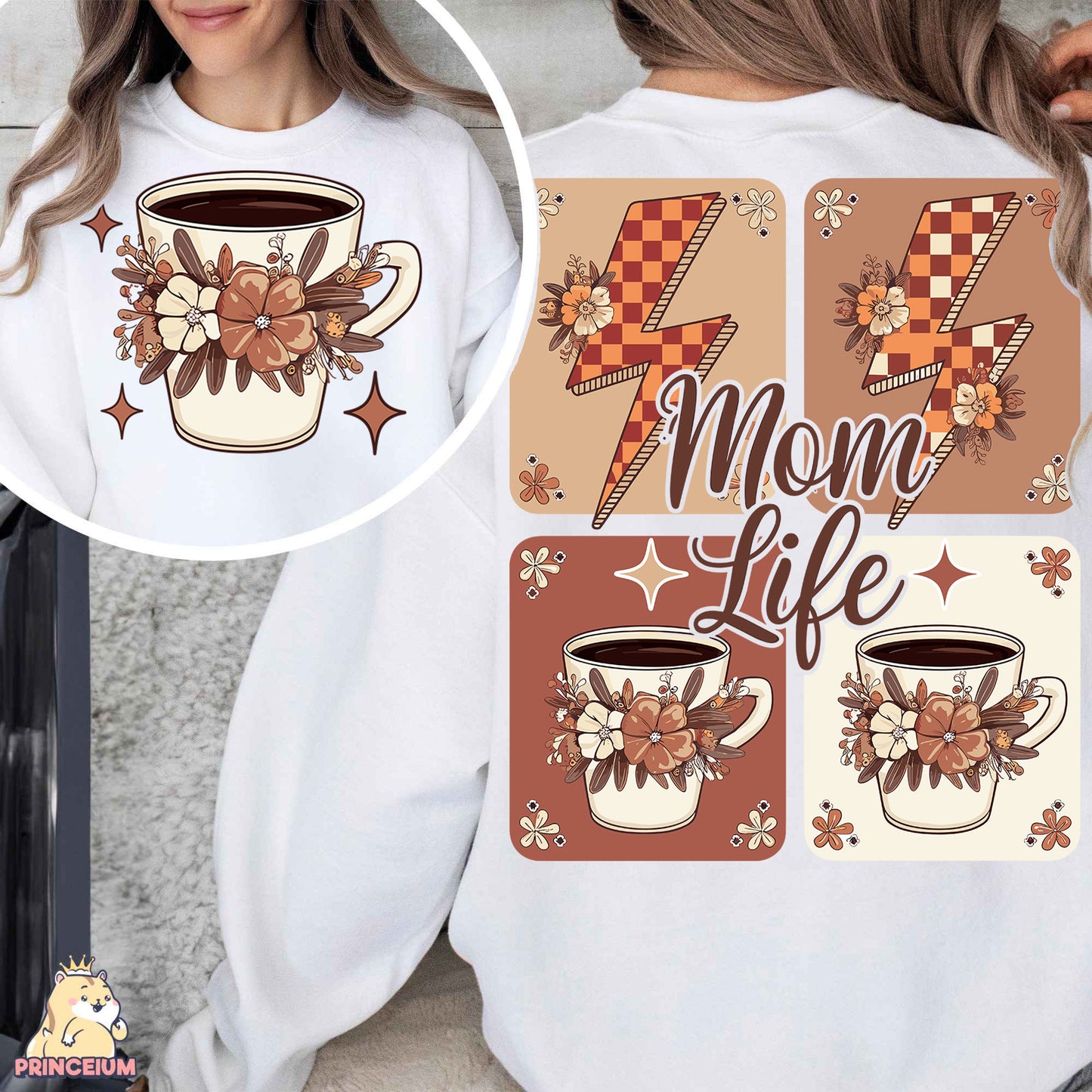 a woman wearing a mom life shirt with coffee mugs
