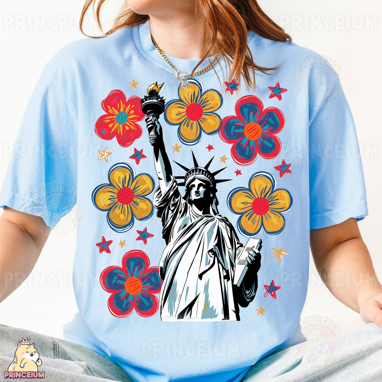 a woman wearing a t - shirt with the statue of liberty on it