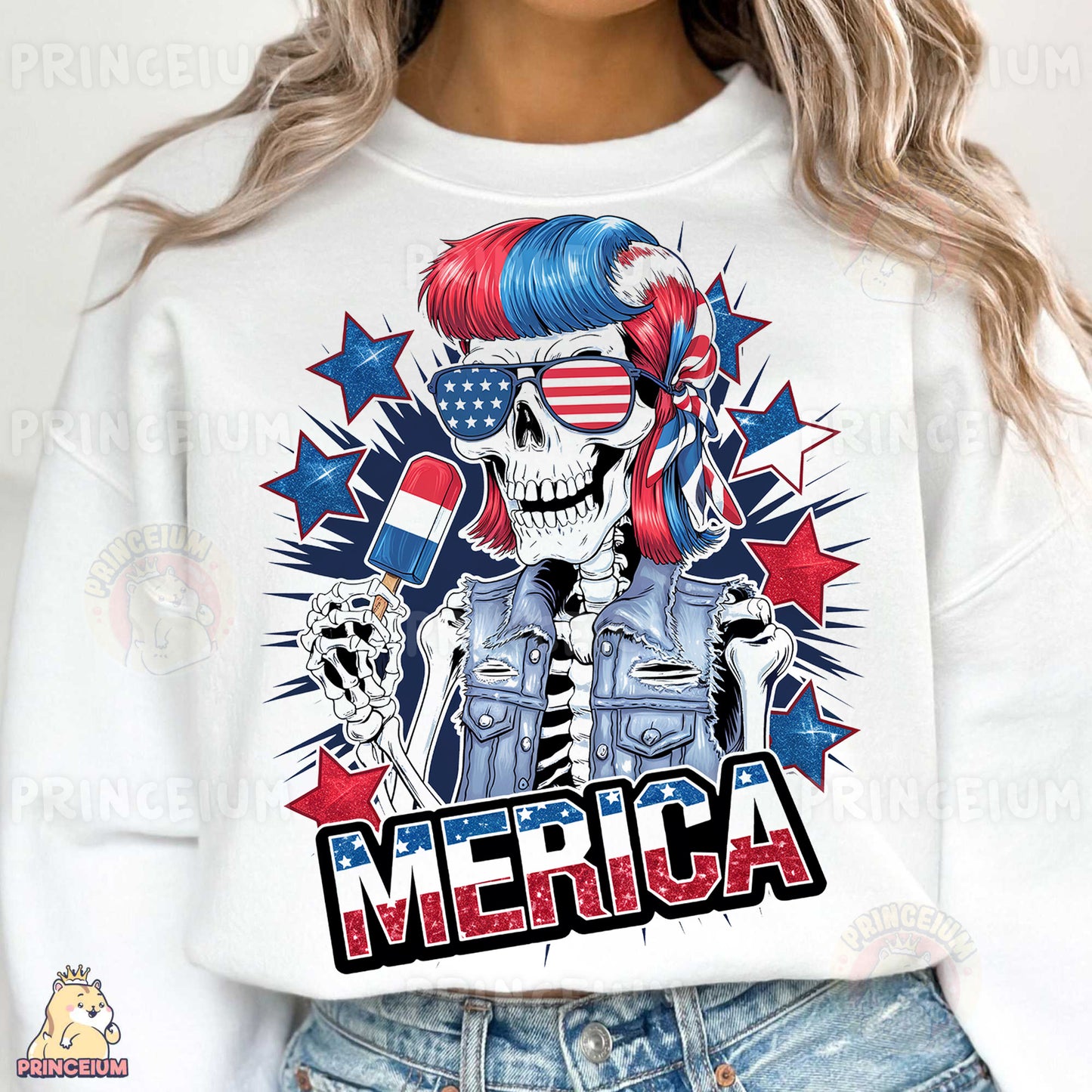 a woman wearing a white sweatshirt with a patriotic skull on it