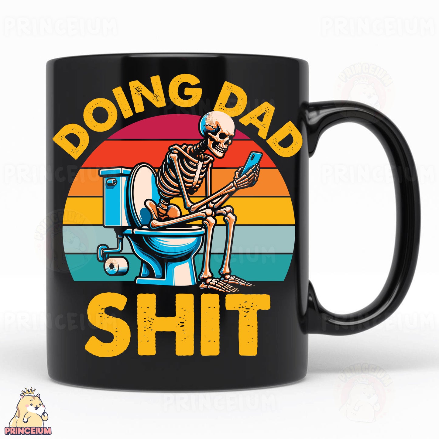 a black coffee mug with a skeleton sitting on a toilet