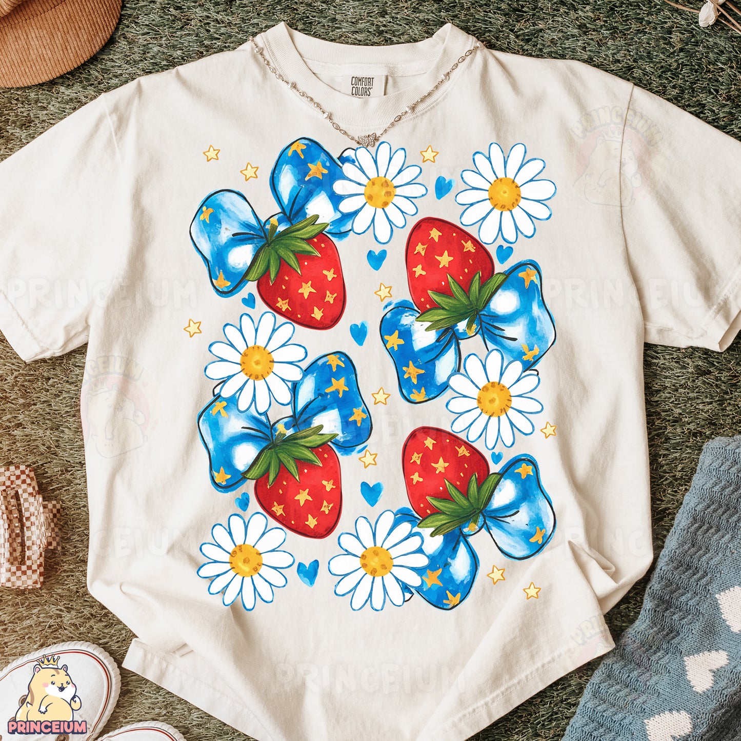 a t - shirt with a strawberry and daisies on it