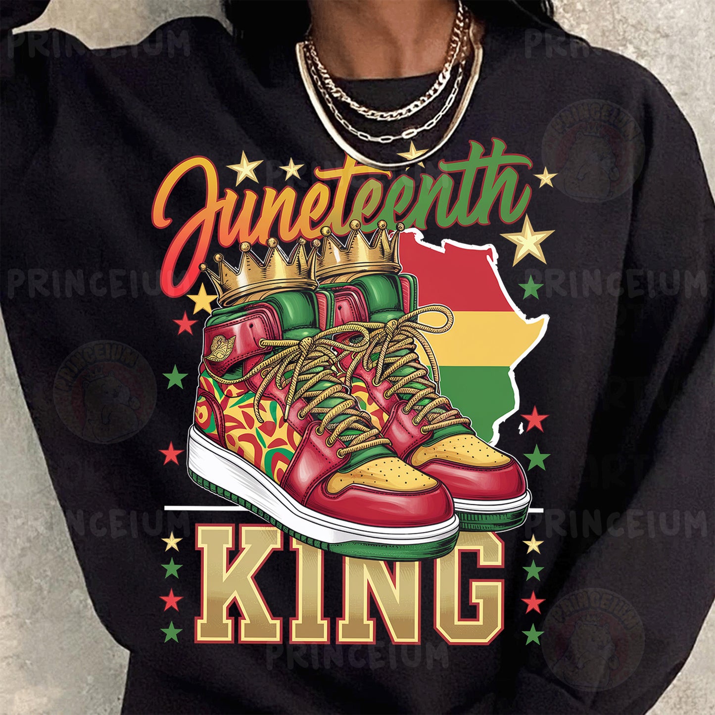 a woman wearing a black shirt with a pair of sneakers on it