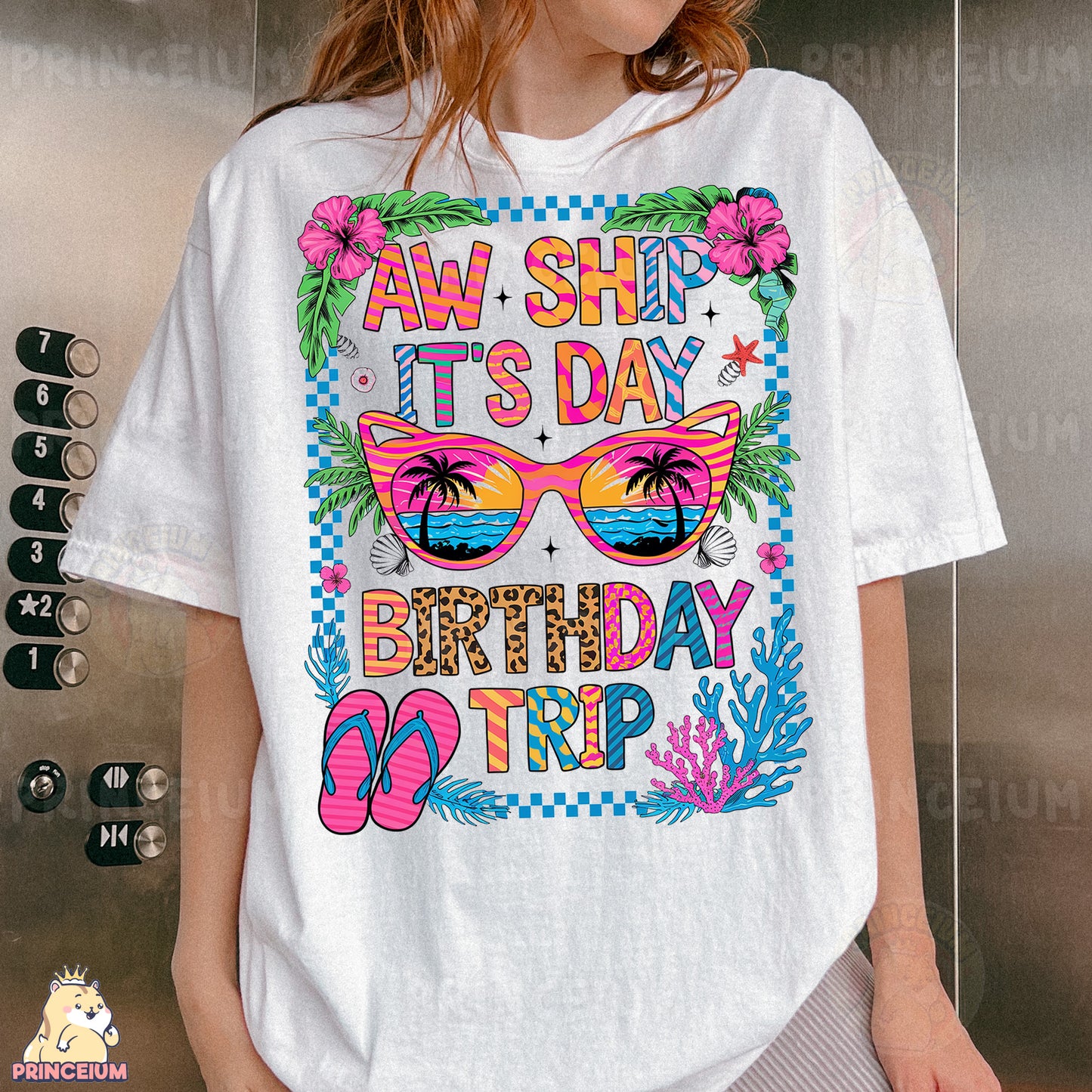 a woman wearing a white t - shirt that says, aw she's it