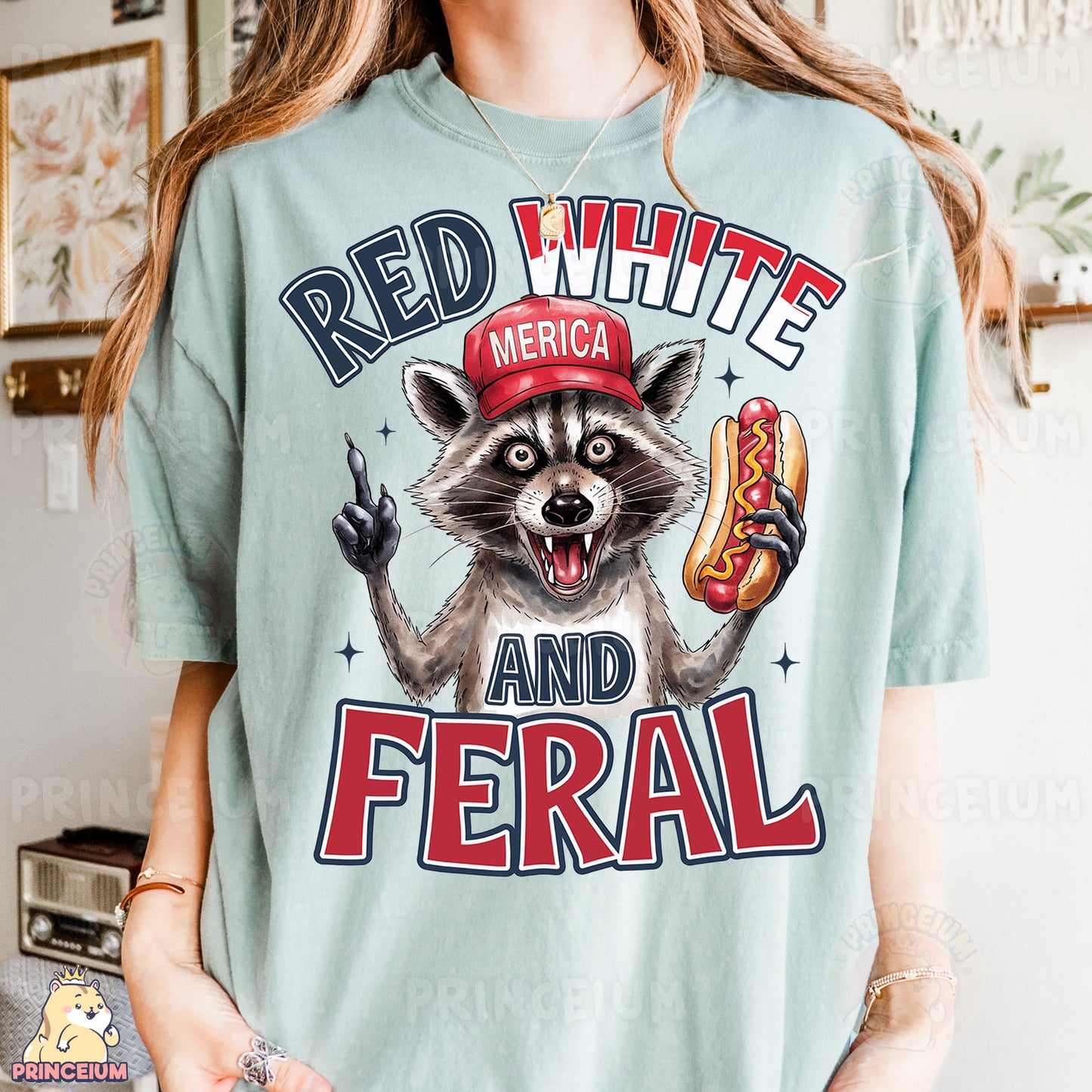 a woman wearing a red white and black shirt with a raccoon holding a