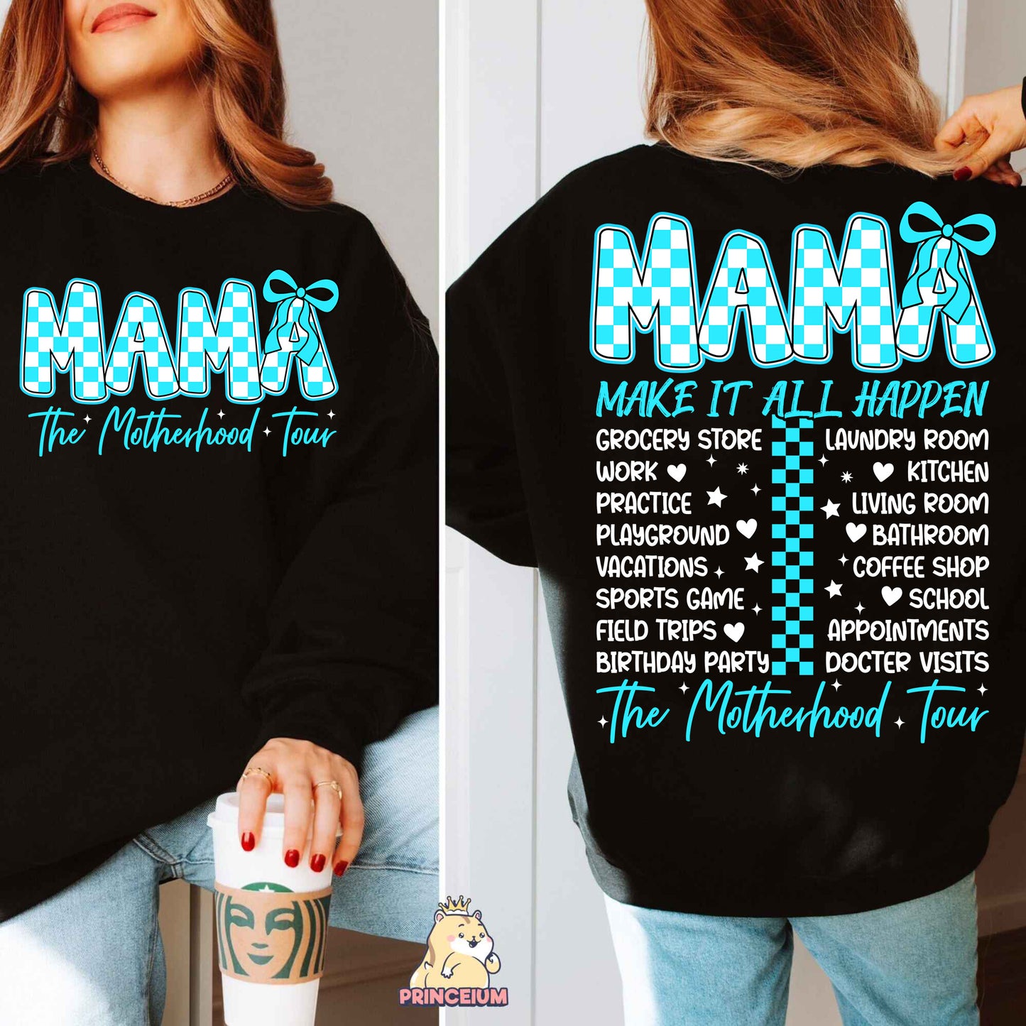 a woman wearing a black mama sweatshirt and jeans