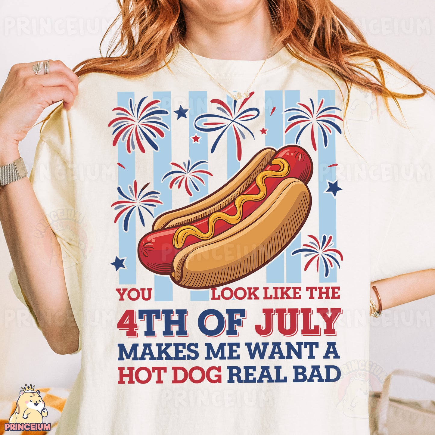 a woman wearing a t - shirt with a hot dog on it