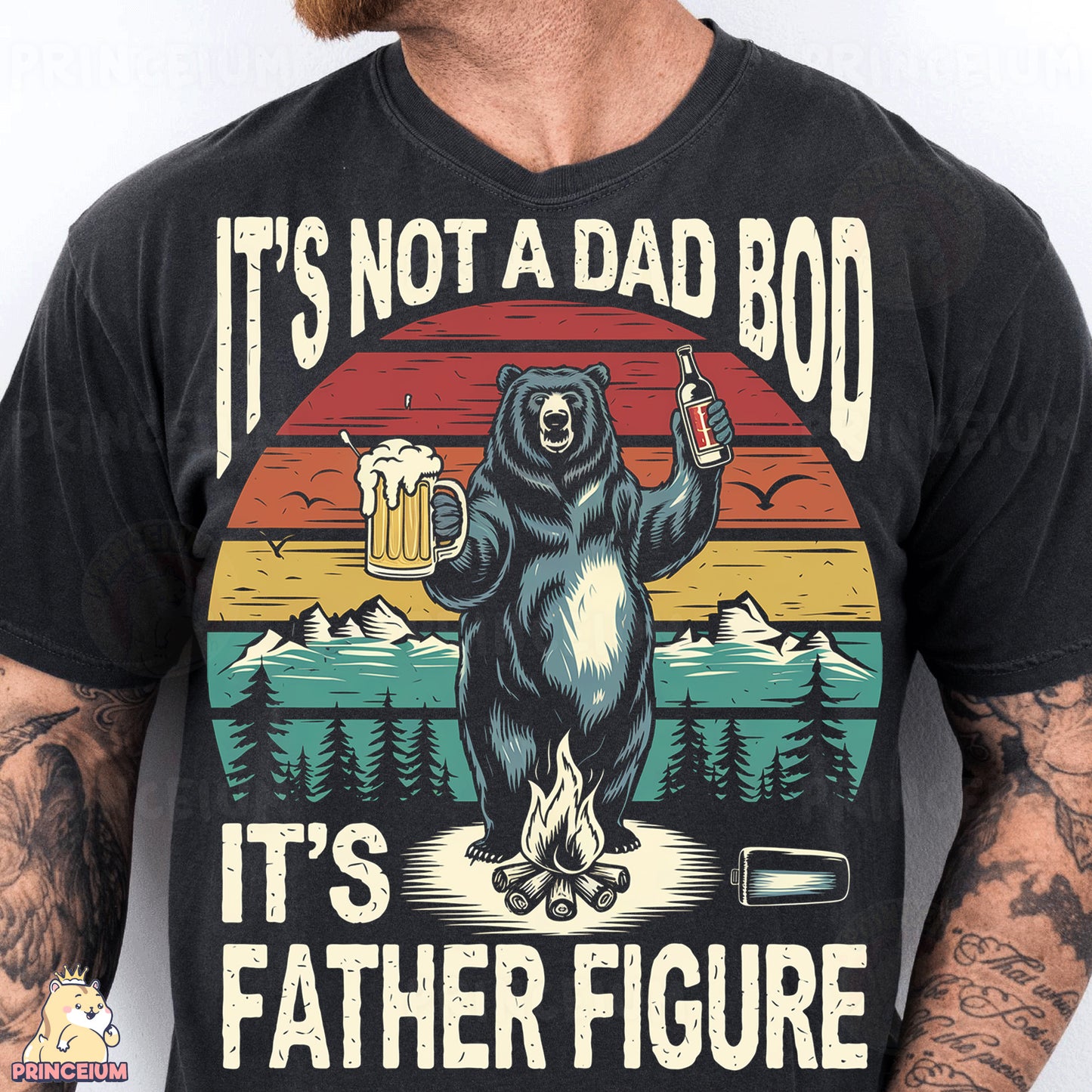 a man wearing a black shirt with a bear holding a beer