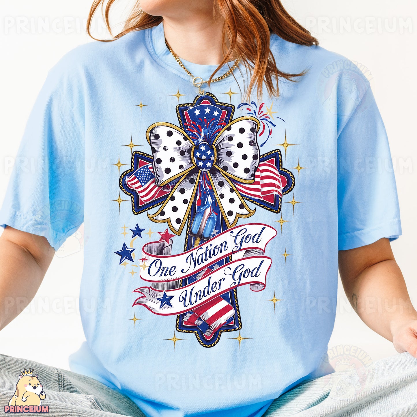 a woman wearing a blue shirt with a cross on it