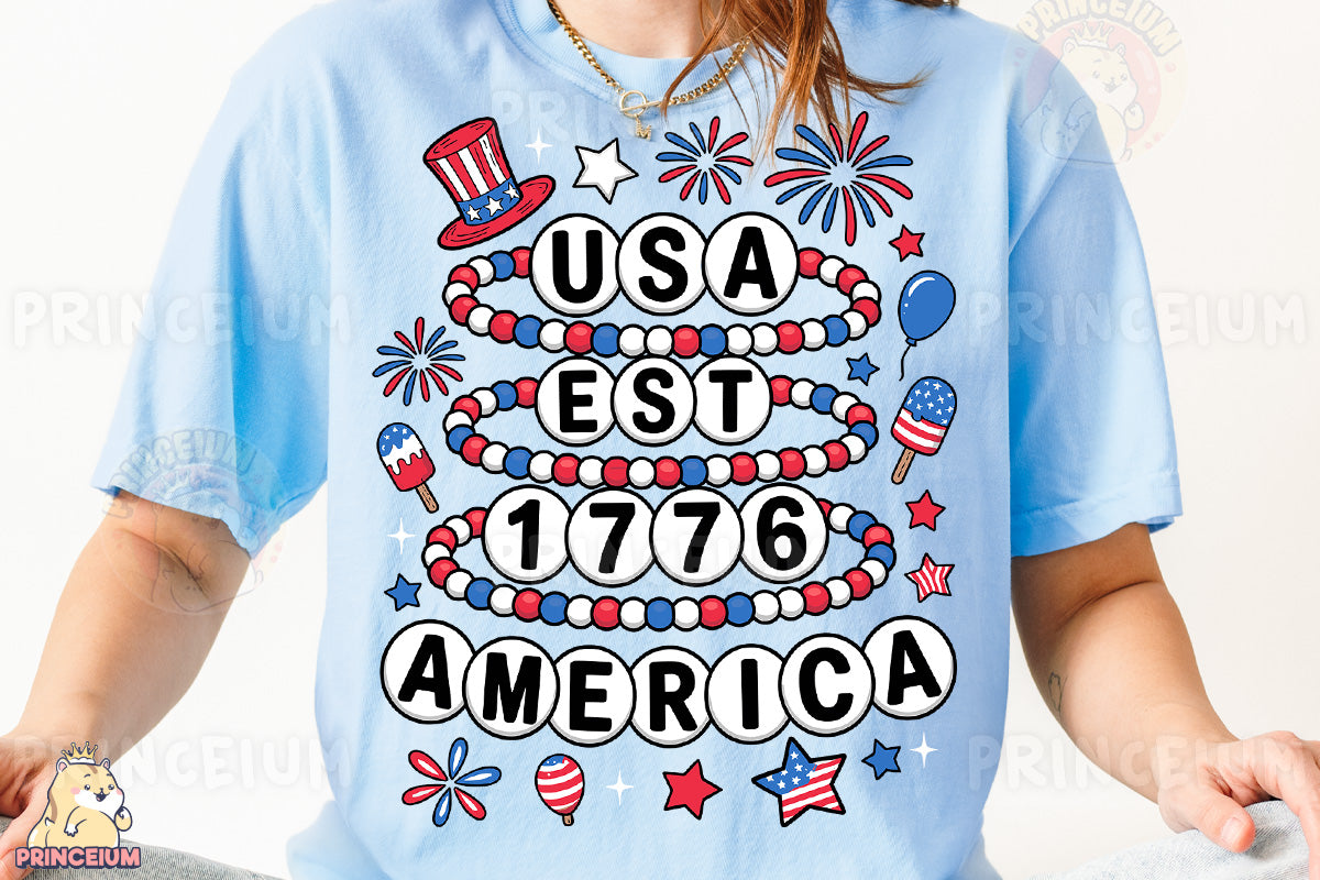 a woman wearing a usa est est america t - shirt