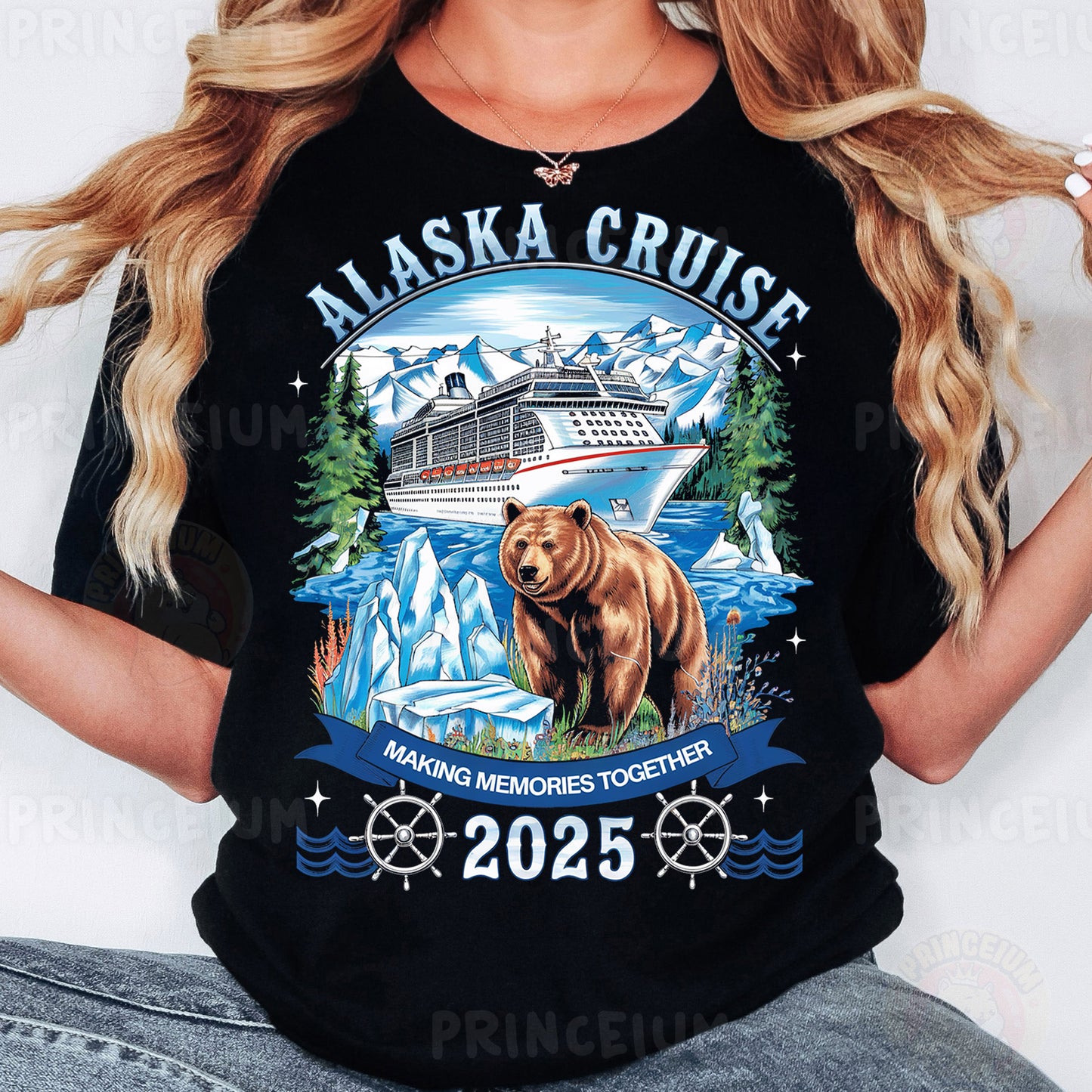 a woman wearing a black alaska cruise shirt