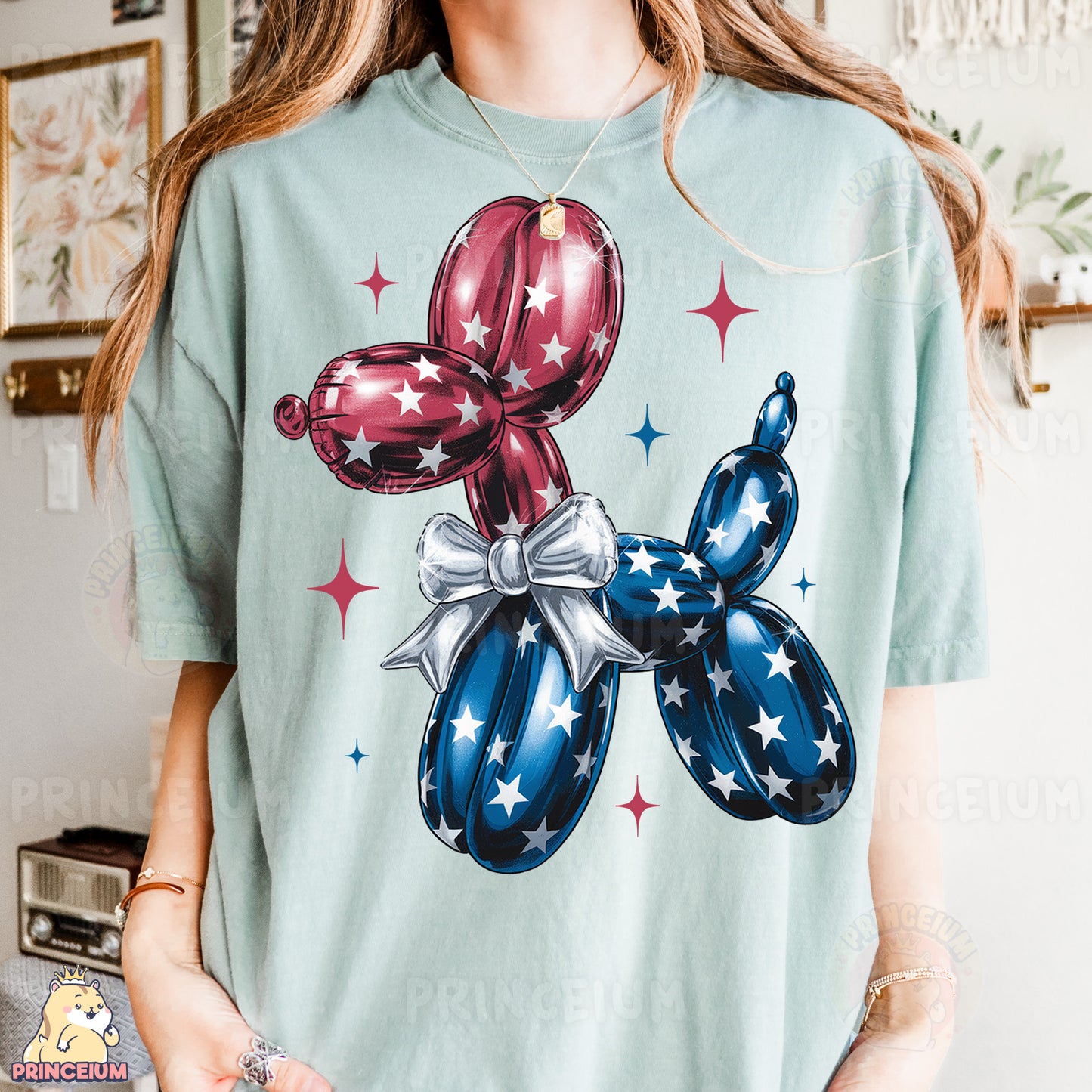 a woman wearing a t - shirt with balloons on it