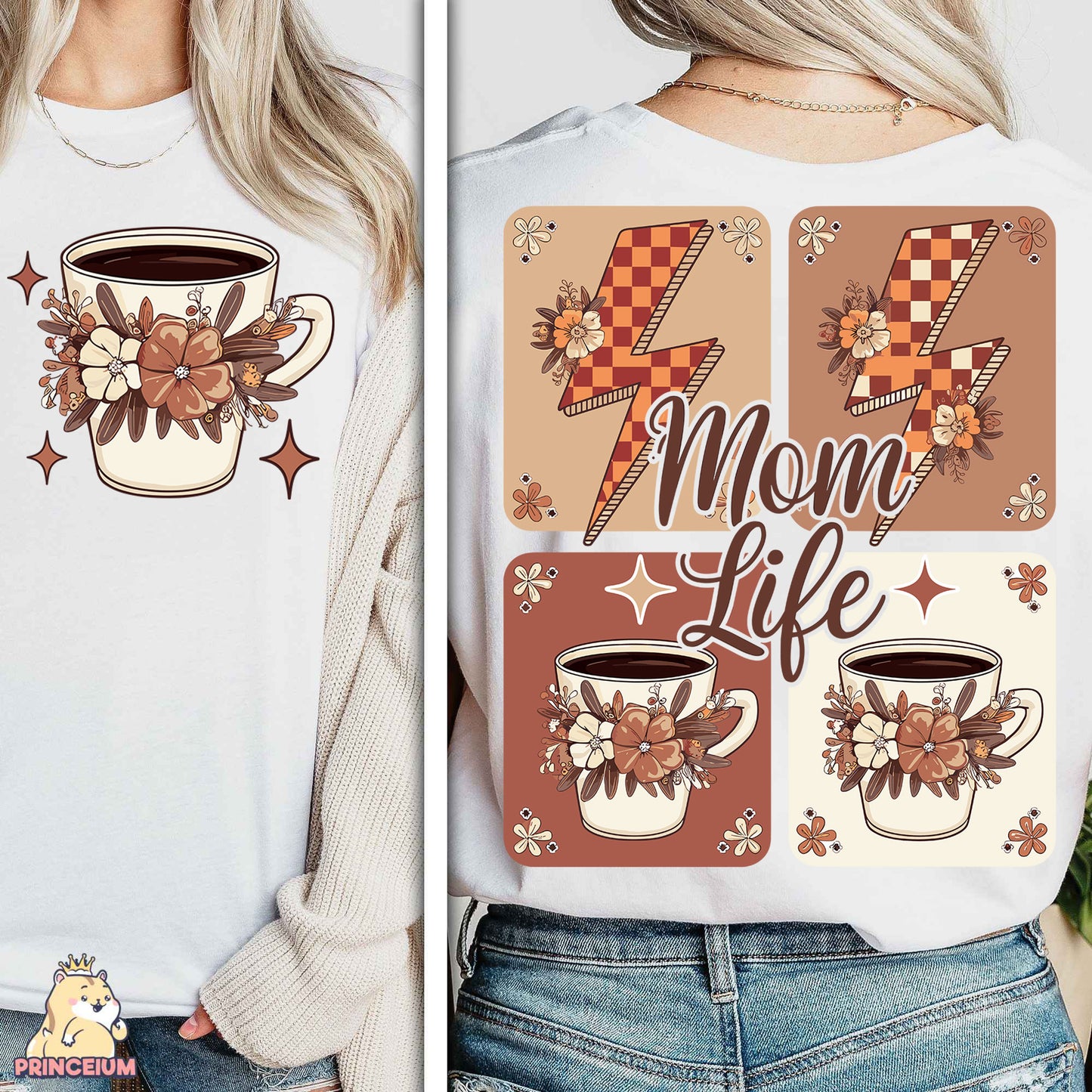 a woman wearing a mom life t - shirt and jeans