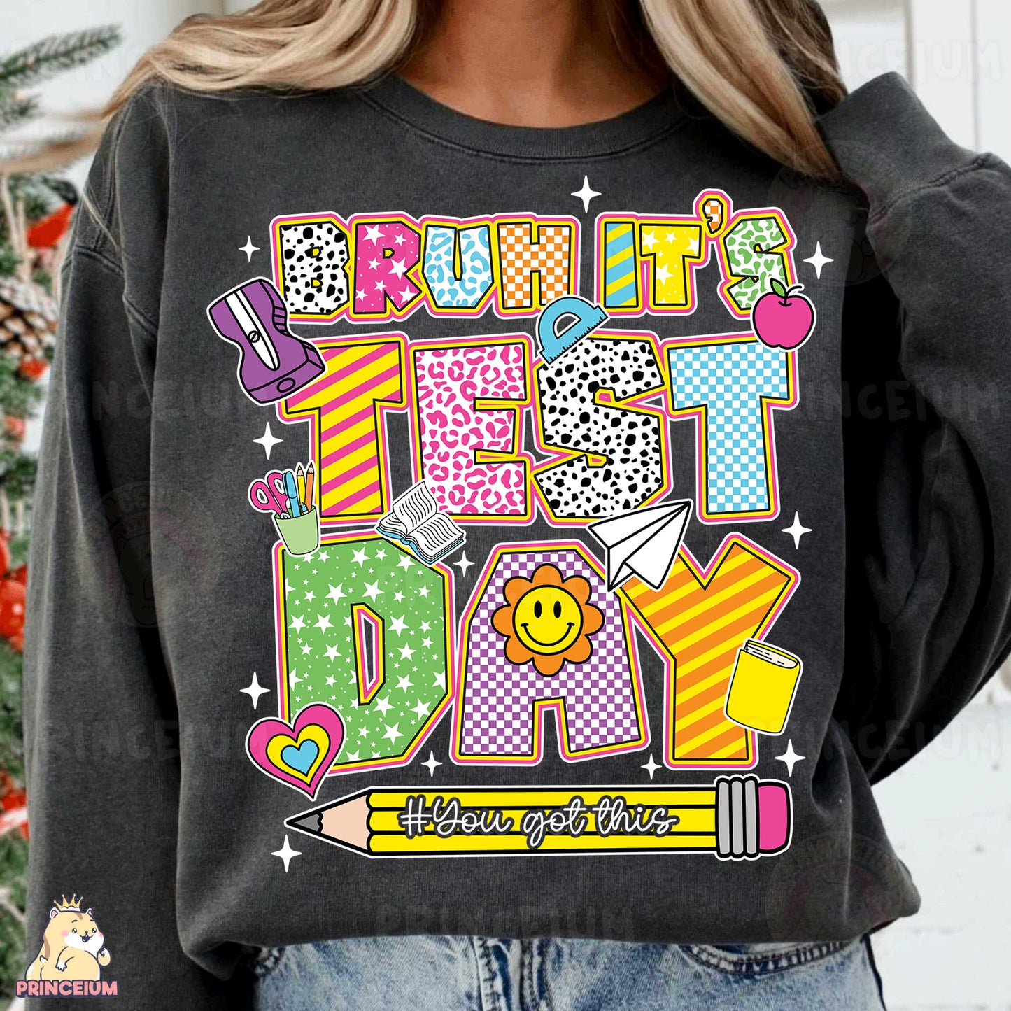 a woman wearing a black shirt with the words happy friday written on it