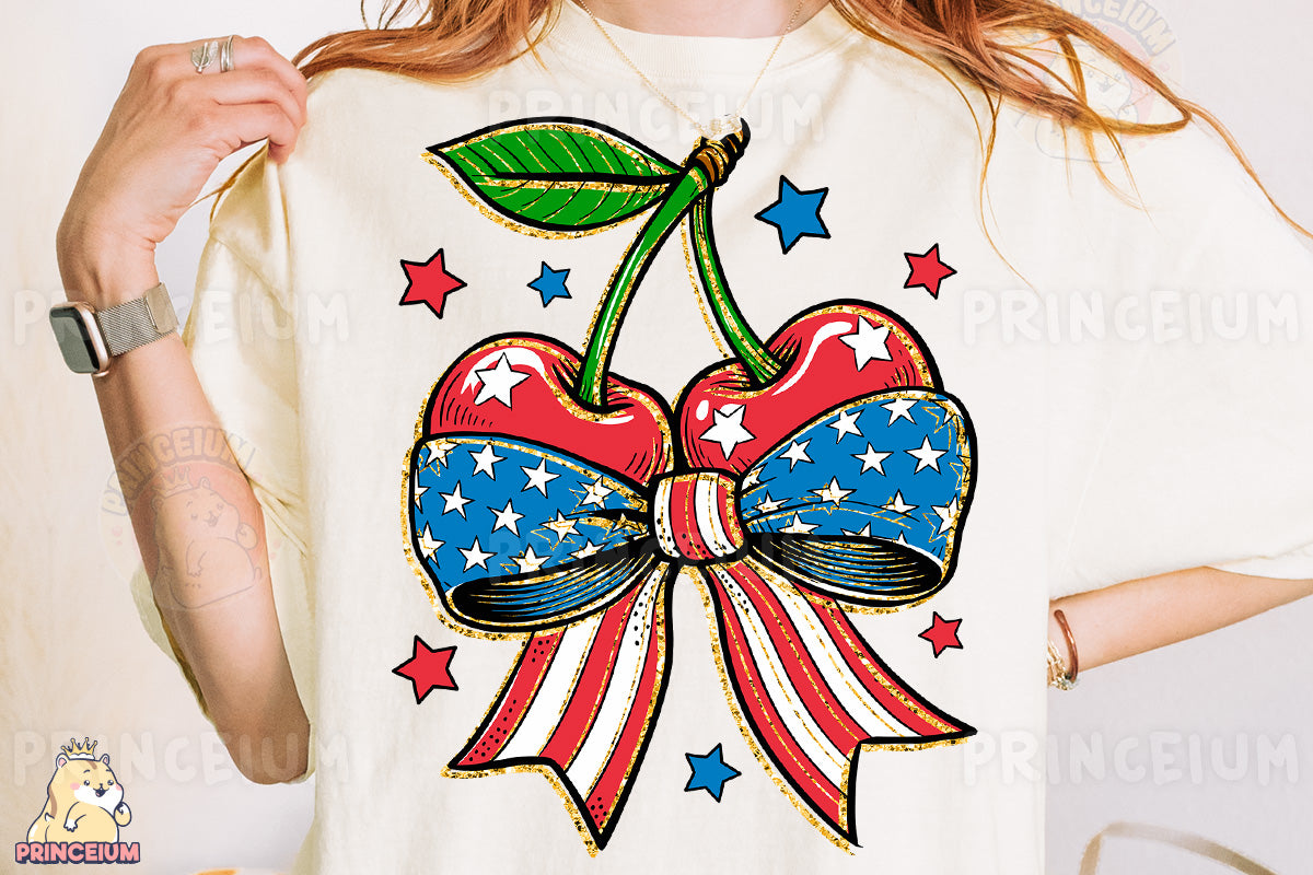 a woman wearing a white shirt with a red, white, and blue bow on
