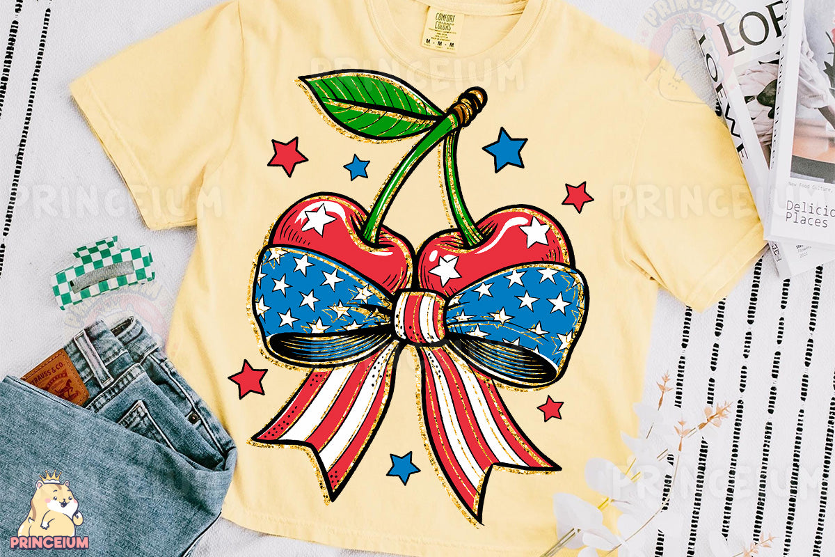a yellow shirt with a red, white, and blue bow on it