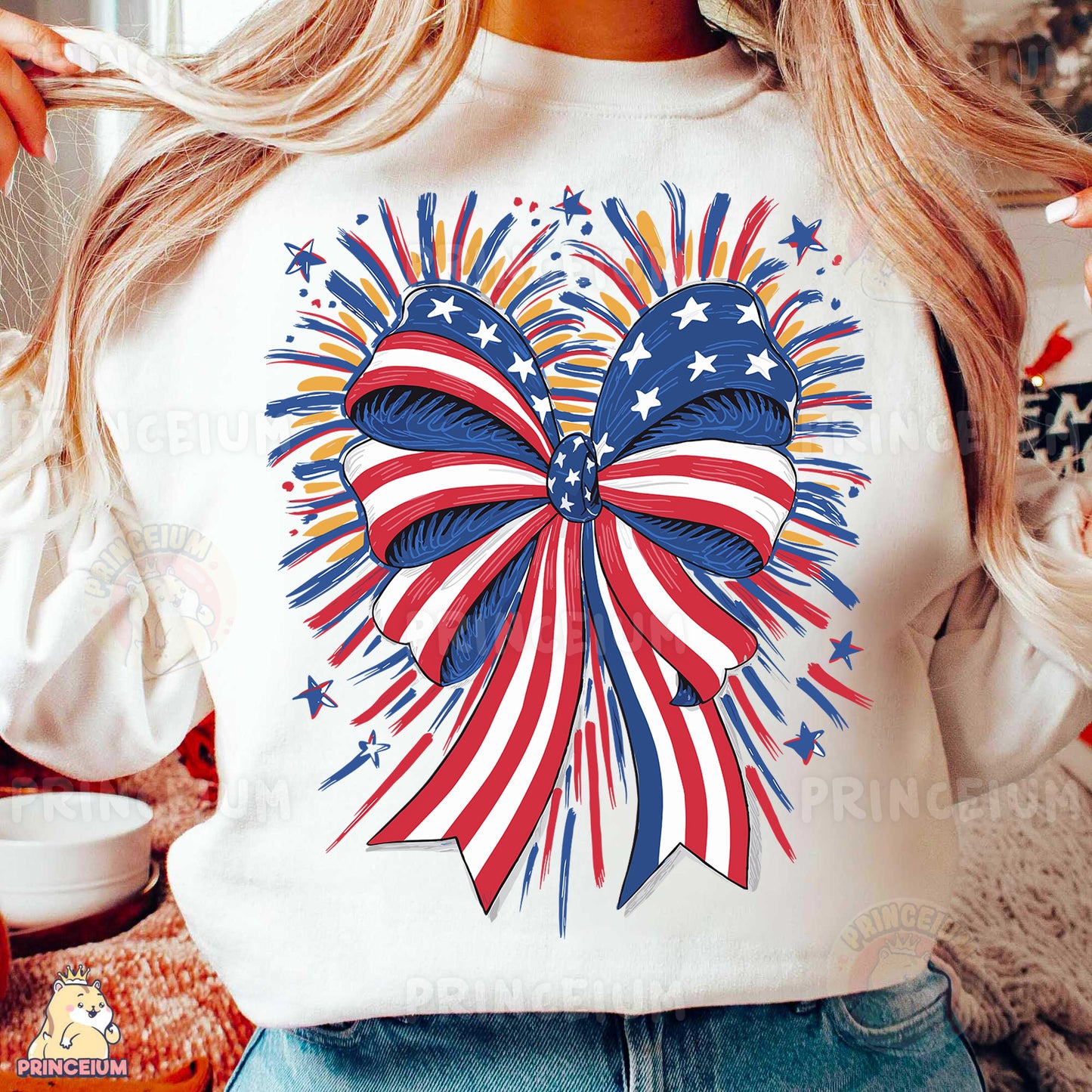 a woman wearing a patriotic heart sweatshirt