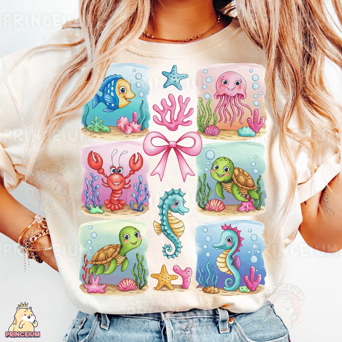 a woman wearing a t - shirt with sea animals on it
