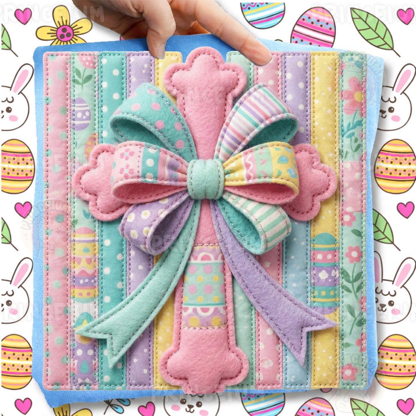 Easter Cross PNG, Pastel Patchwork Bow Cross Art, Christian Spring Faith Clipart Design