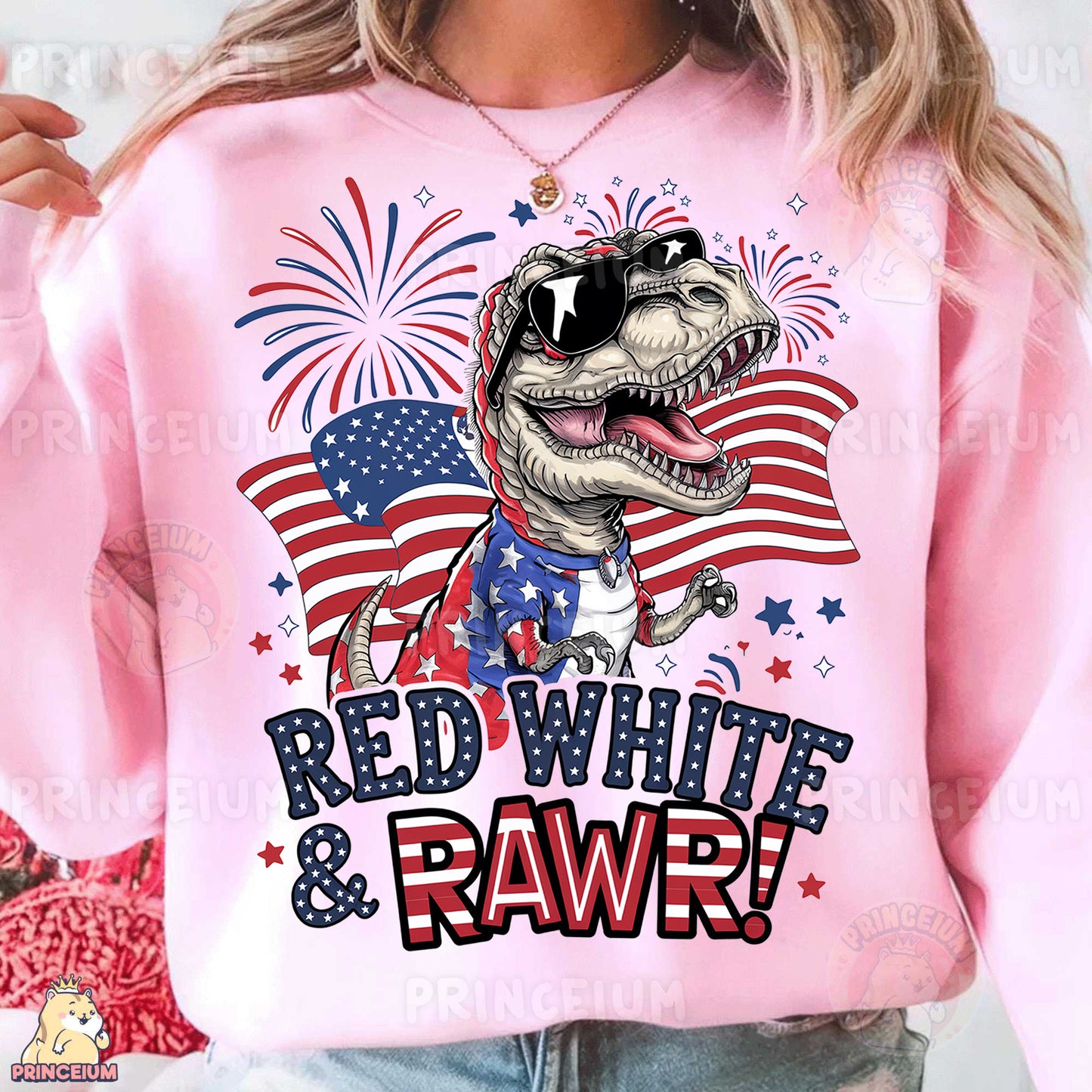 a woman wearing a red, white and raw t - shirt