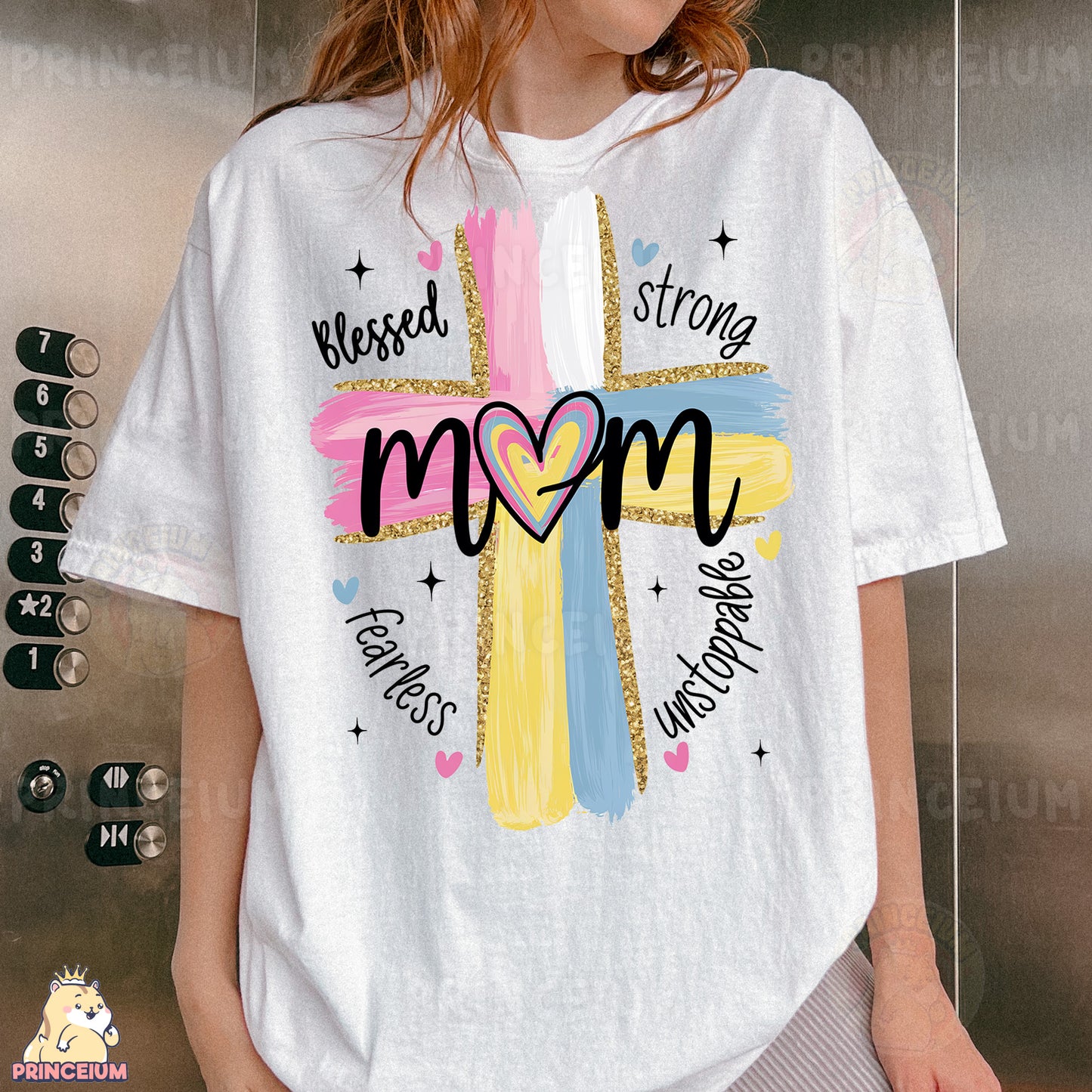 a woman wearing a white shirt with a cross on it