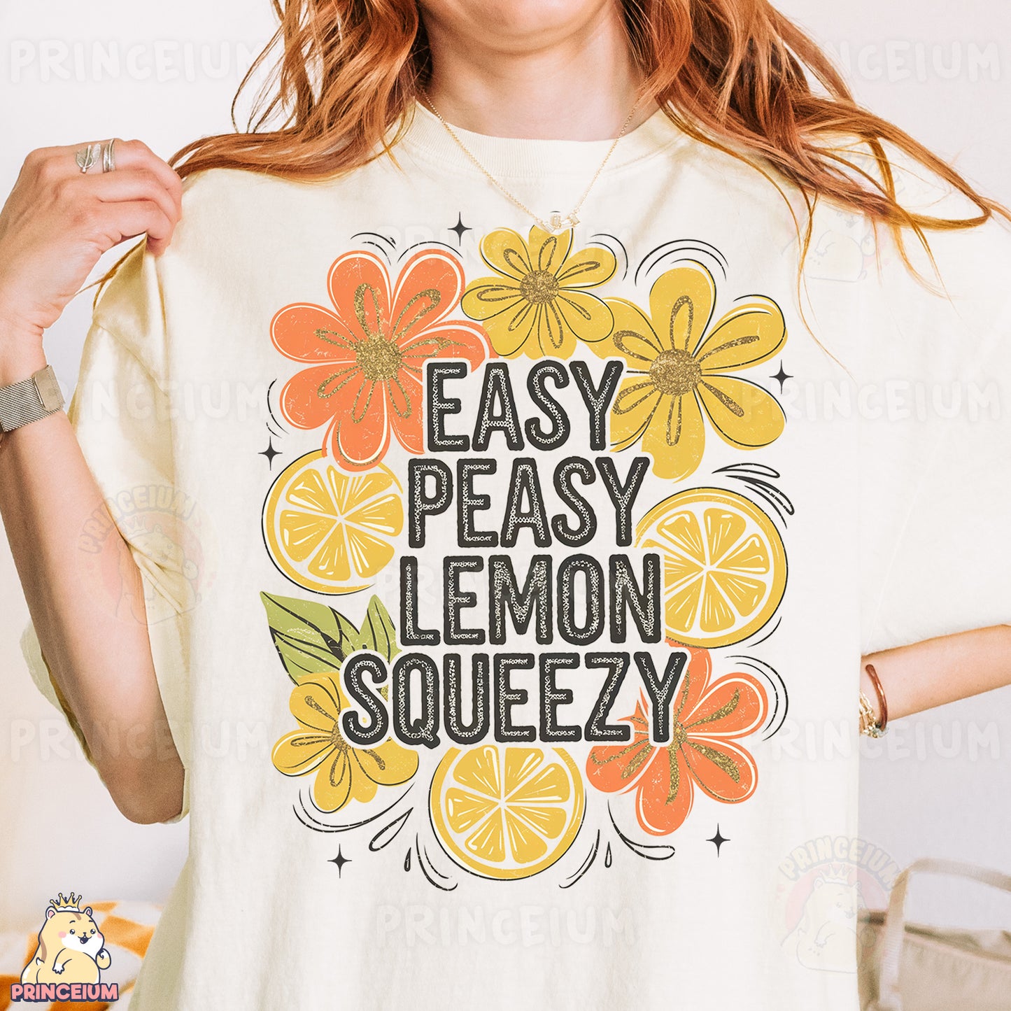 a woman wearing a t - shirt that says easy peasy lemon squeezezy