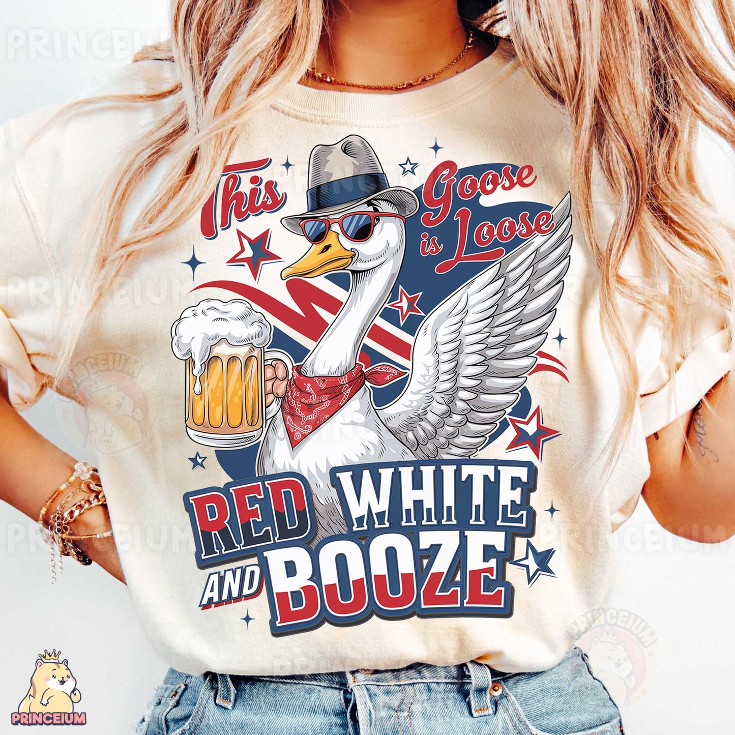 a woman wearing a red, white and booze t - shirt