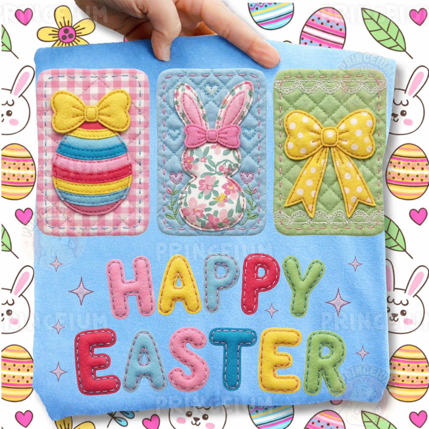 Happy Easter PNG, Patchwork Bunny Egg Bow Cards Art, Cute Colorful Spring Clipart Design